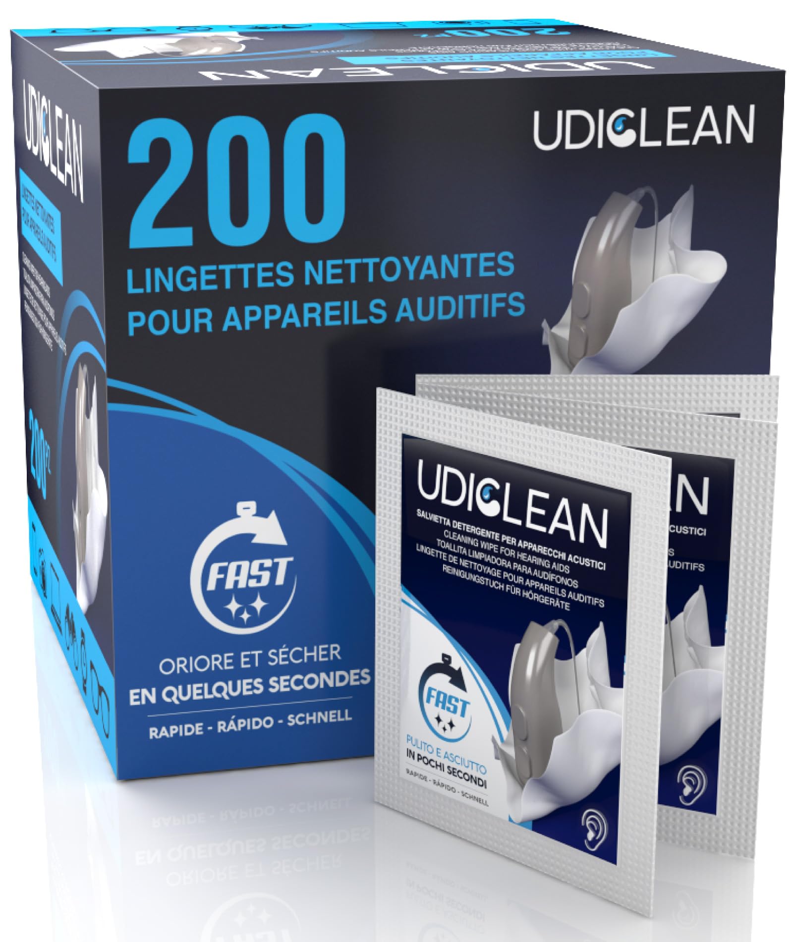 200 lingettes nettoyantes Udiclean pour le nettoyage et l'entretien des appareils auditifs Lingettes à séchage rapide humidifiées et emballées individuellement éliminent la sueur grasse et la saleté