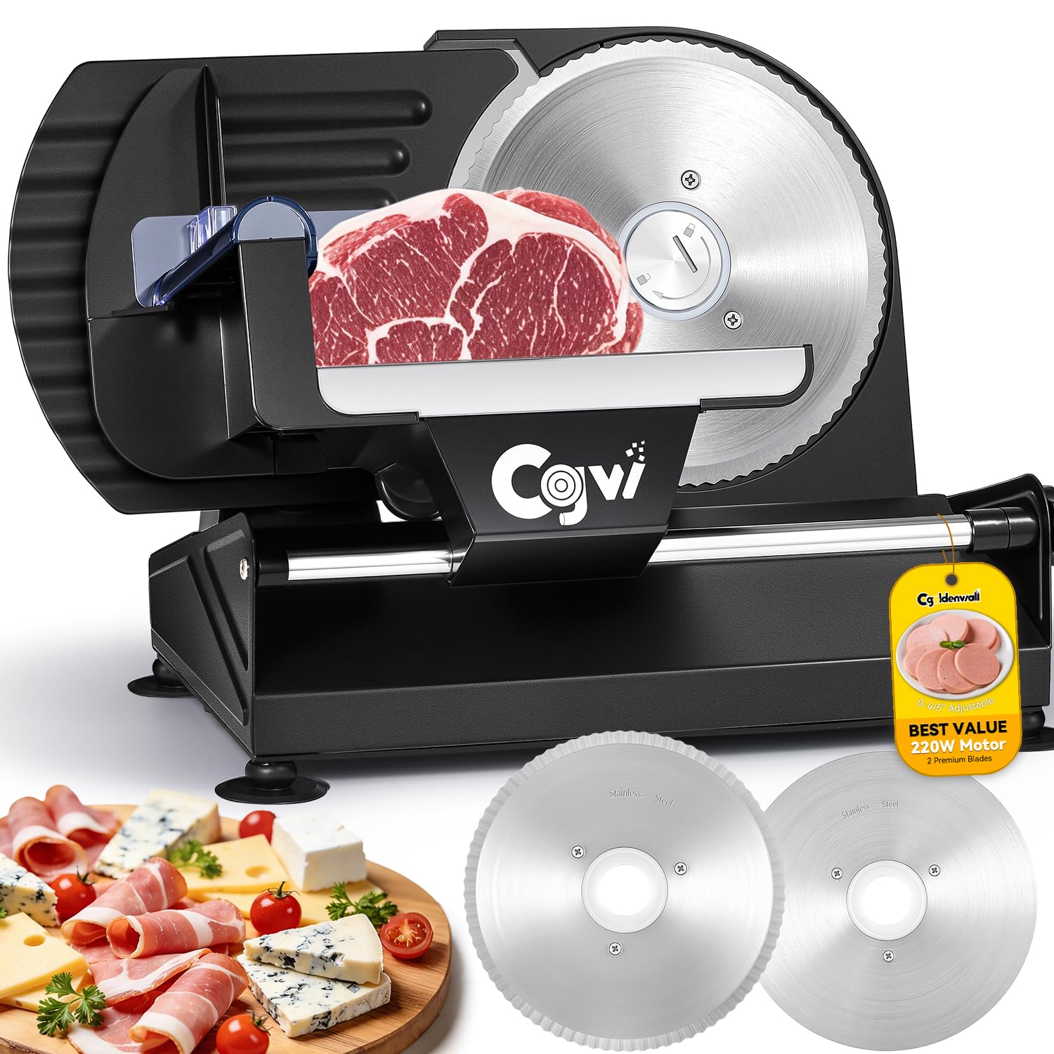 CGOLDENWALL Cortafiambres Eléctrico 220W – Grosor Ajustable 0‑20 mm, 2 Cuchillas Acero Inoxidable 19 cm (Lisa y Dentada), Cortadora para Carne, Verduras, Queso y Pan, Seguridad con Empujador(Negro)
