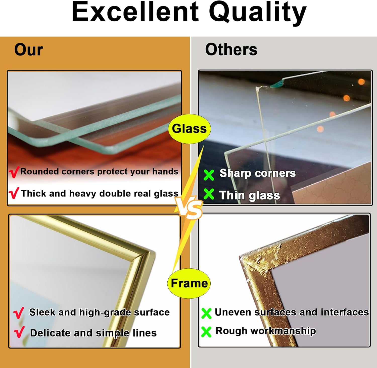 8x10 Picture Frame set of 2 (Gold, Horizontal + Vertical) for 5x7 6x8 with Floating Effect, for 8 x 10 without Floating, Double Real Glass Photo Frames Only for Tabletop
