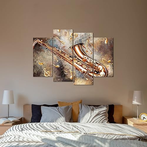 Miniatura 5 de sechars 4 piezas de arte de pared de música vintage, instrumentos musicales de saxofón, con notas musicales, pintura sobre lienzo, póster de jazz