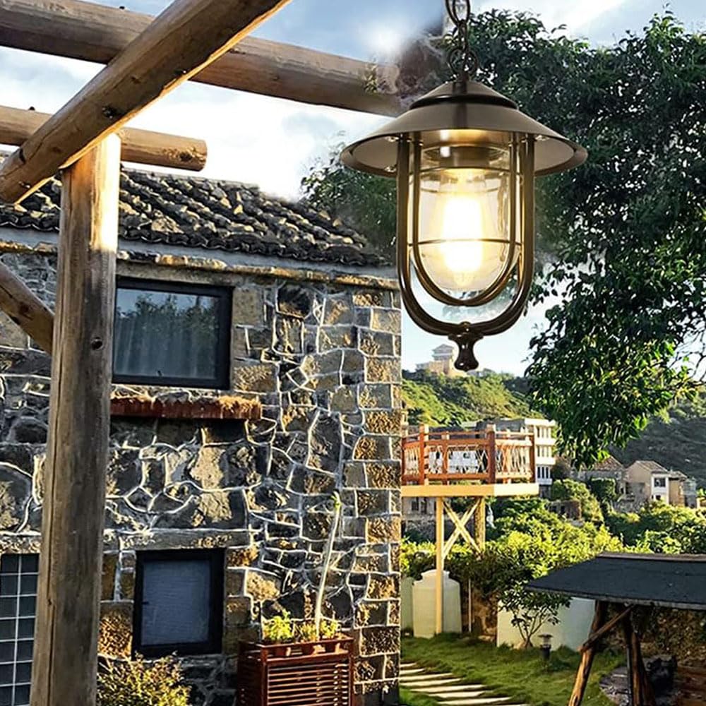 LYMSXAZOU Industrial Waterproof Outdoor Pendant Light – Aluminum & Glass Hanging Chandelier for Porch Villa Yard Corridor - E27 Weather-Resistant Ceiling Fixture (21x35cm)