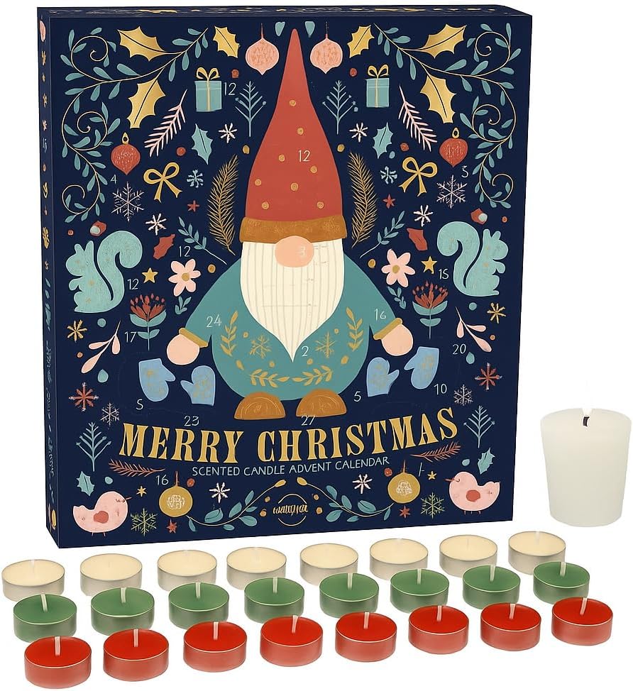 Gnome Merry Christmas Scented Candle Advent Calendar. Countdown to Christmas with a surprise candle for every day. 23 x Tea Lights & 1 x Votive Candle for Xmas Eve. Luxury Premium Advent *VEGAN*