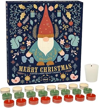Gnome Merry Christmas Scented Candle Advent Calendar. Countdown to Christmas with a surprise candle for every day. 23 x Tea Lights & 1 x Votive Candle for Xmas Eve. Luxury Premium Advent *VEGAN*