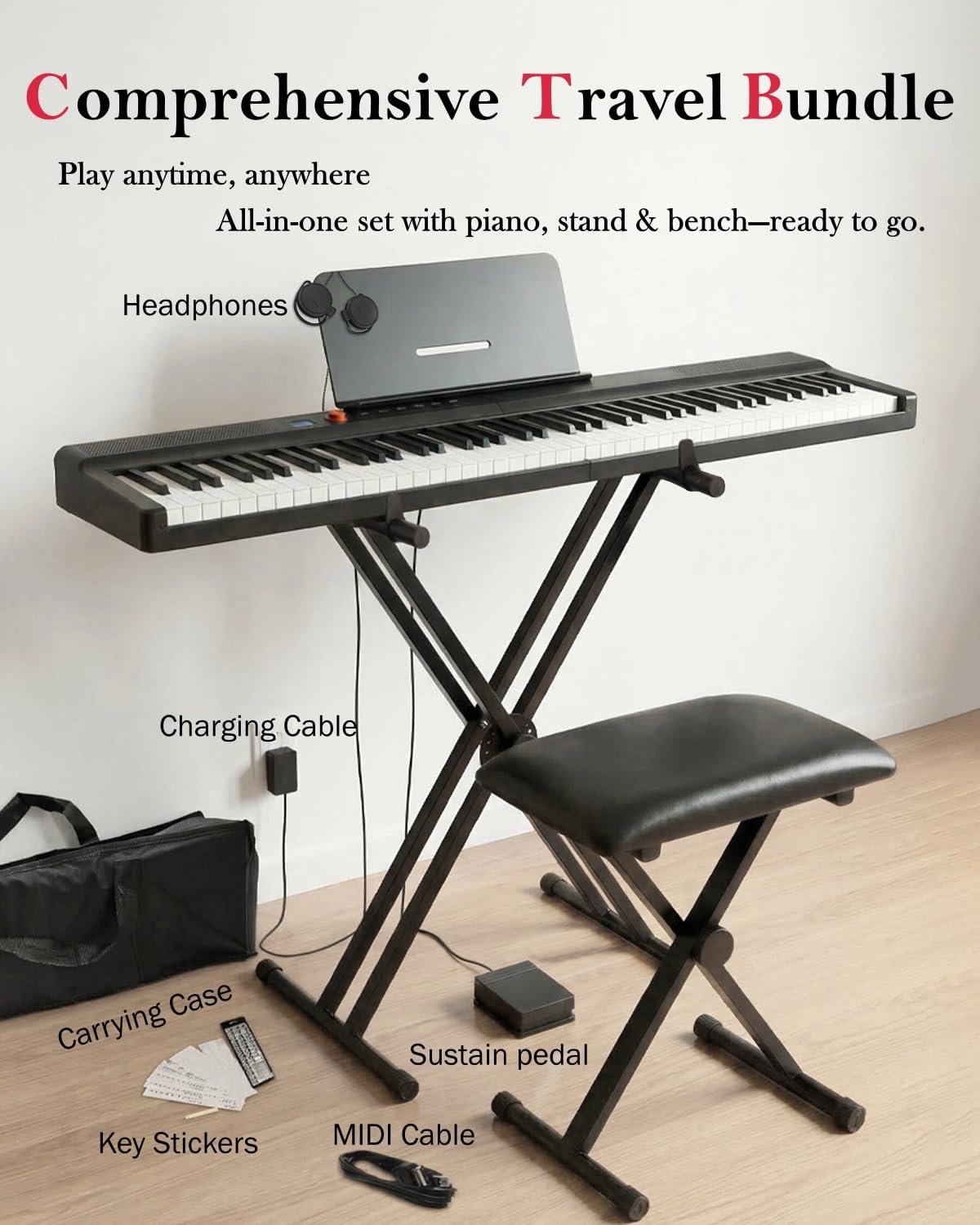 Longeye Foldable Piano Keyboard with Stand and Bench, Fold Pro 2 88-Key Portable Semi-Weighted Digital Piano for Beginners, Bundle with Pedal, Headphones, Music Rest & Carry Case, Black