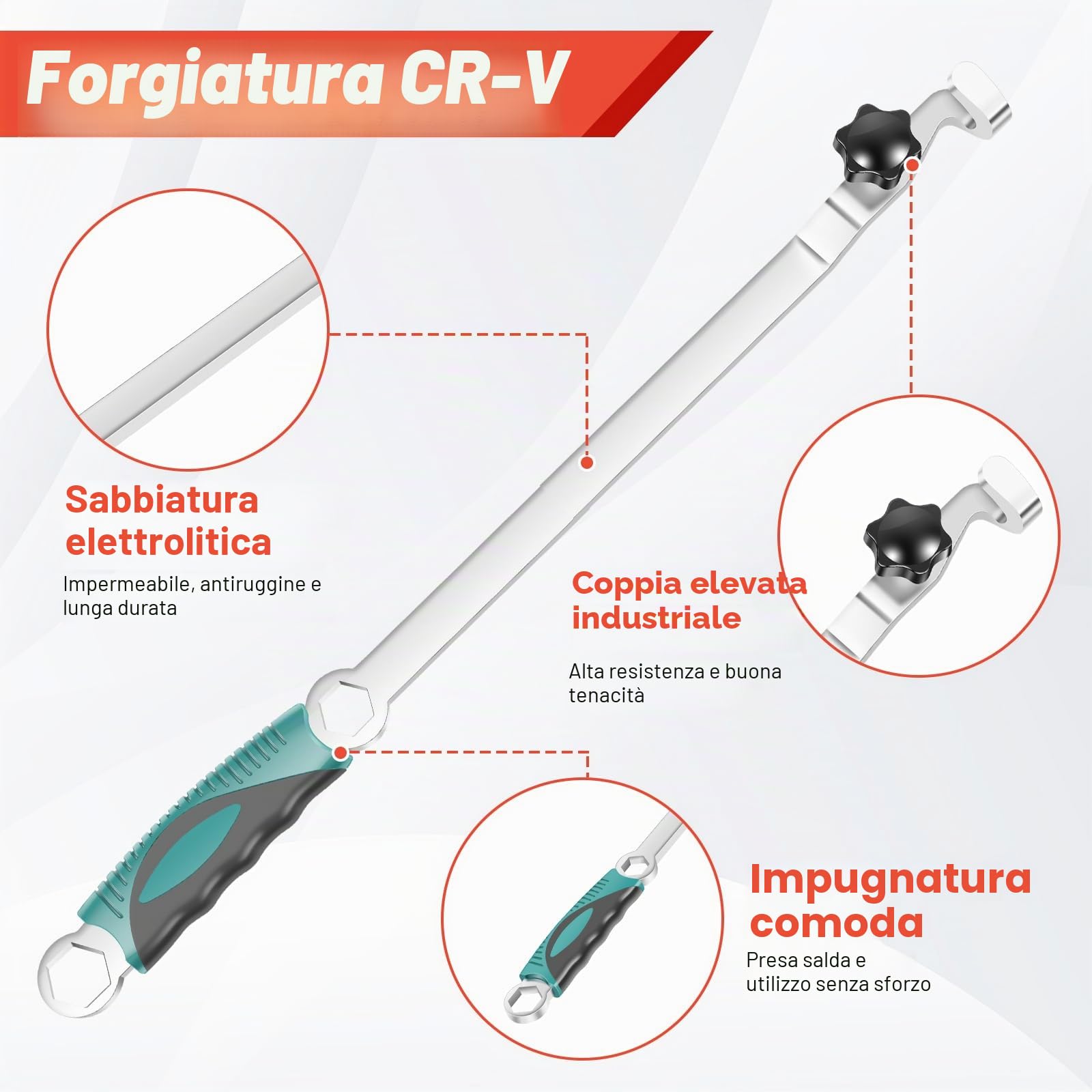 Strumento di prolunga per chiavi inglesi, 40/50 cm, forgiatura CrV, 24 mm, attacco esagonale da 15", extra leva, con manico antiscivolo, chiave di estensione per riparazione auto (50 cm)