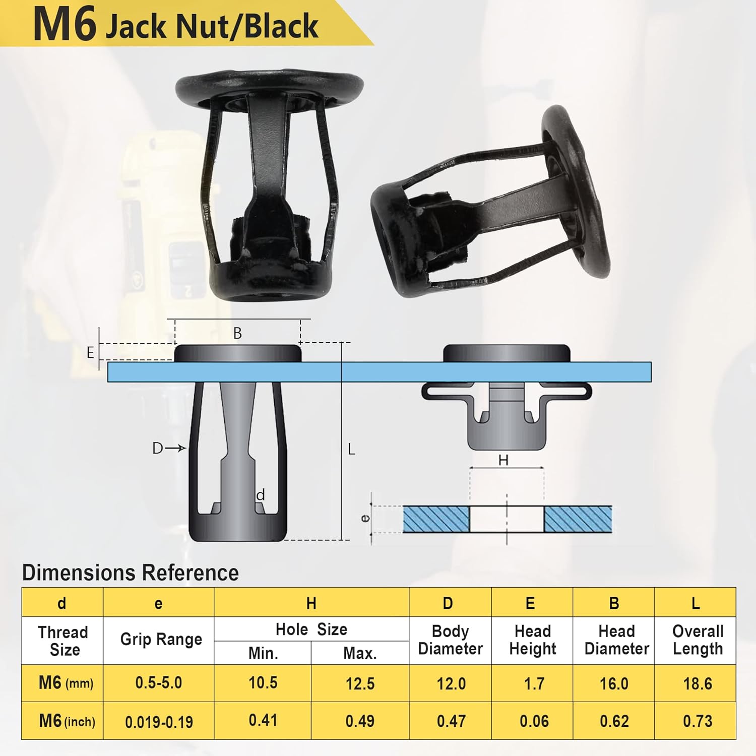 Black M6 Jack Nut with Installation Tool Threaded Insert Petal Nuts Nutserts Jacknut Srew Anchor Spider Rivnut Blind for Plastic Polywood Pressboard Hardboard