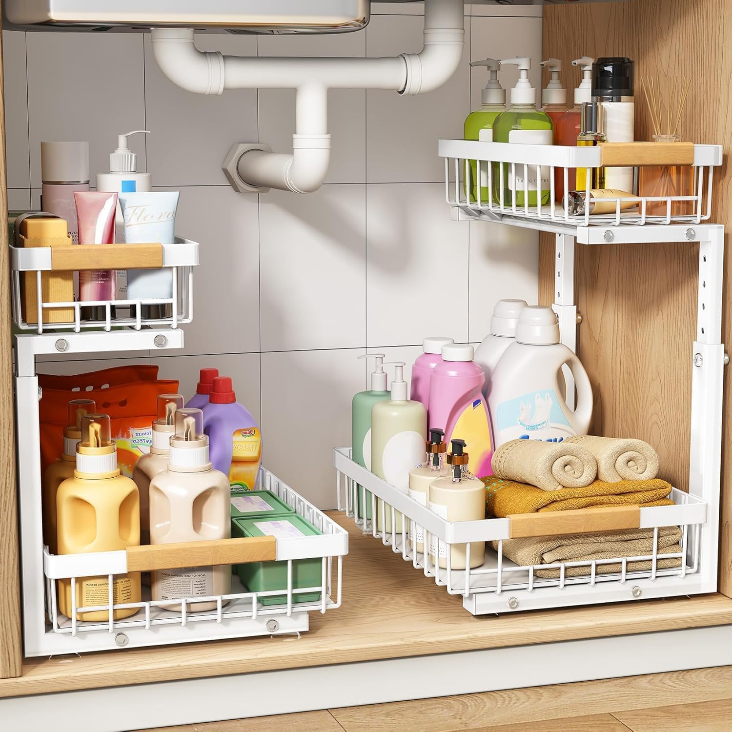 PXRACK Organizzatore sotto il lavandino, regolabile in altezza, 2 ripiani estraibili sotto l'armadietto, organizer scorrevole in metallo ispessito, per cucina, bagno, lavanderia, dispensa, armadio