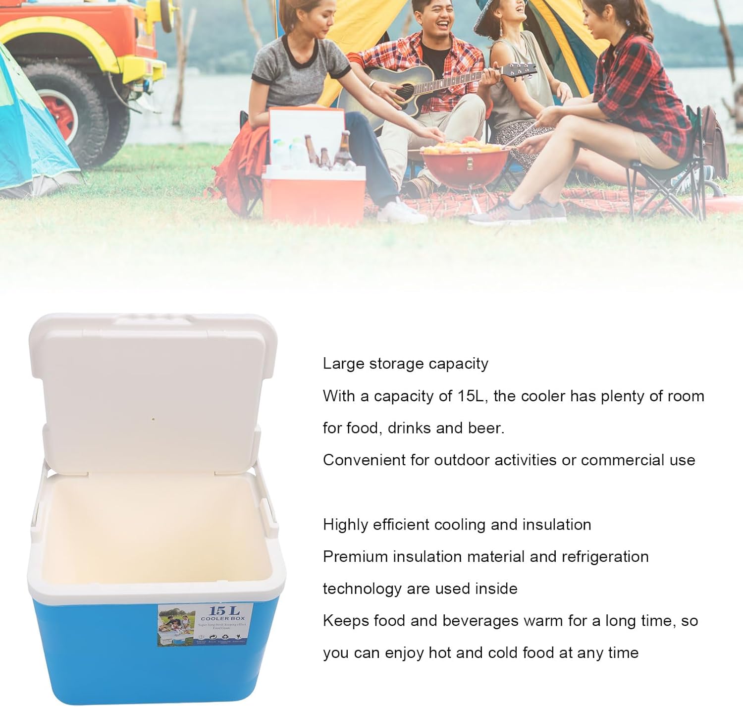 15L Insulated Portable Cooler, Professional Lasting Cooling, Hard Cooler Box for Outdoor Picnic Fishing Commercial Stall, Family Use, Made of Food Grade EPS