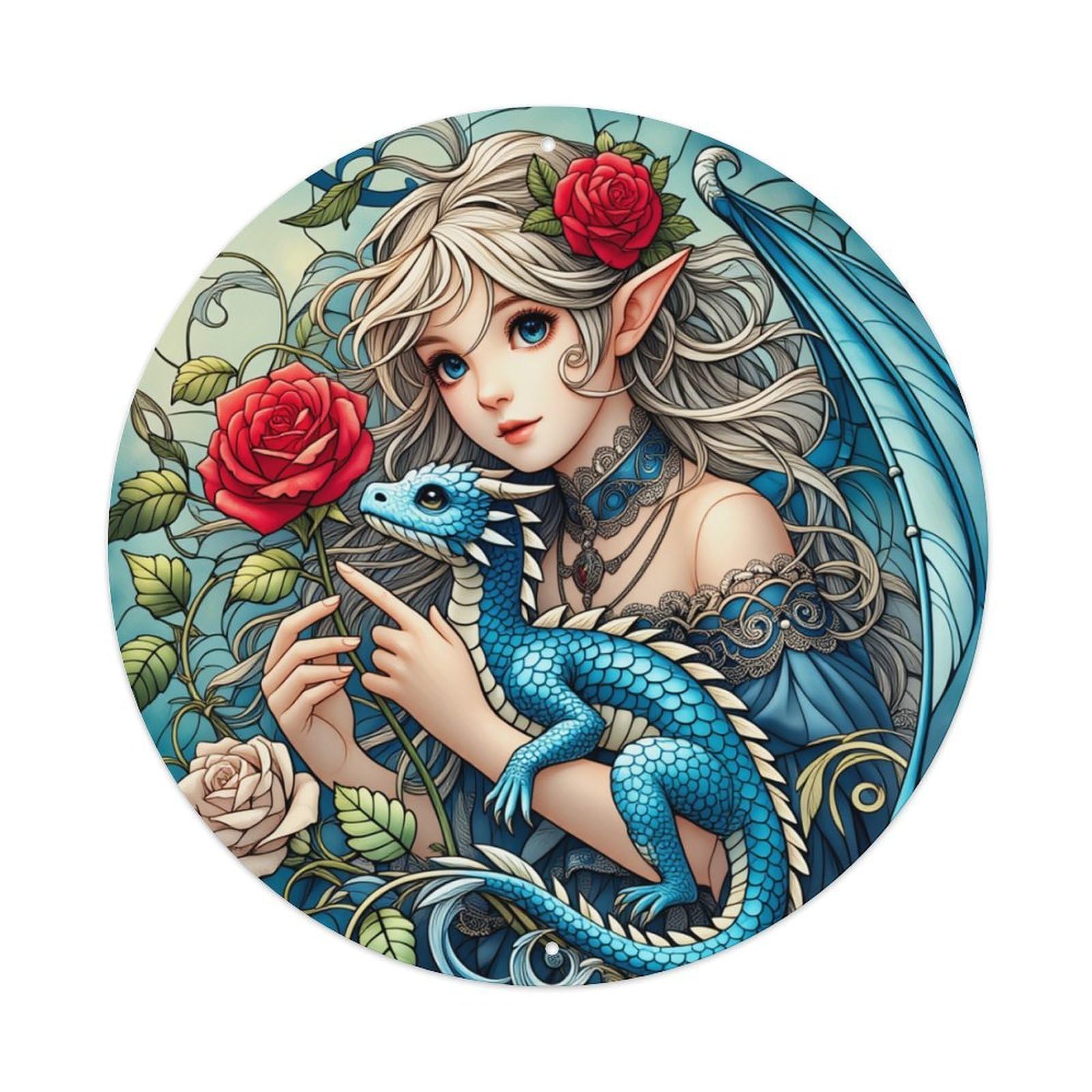 Elf Dragon Rose Fantasy Art Round Tin Sign Retro Metal Sign for Cafe Bar Pub Home Game Room Gym Club Wall Decoration Vintage Metal Poster 8x8 Inch