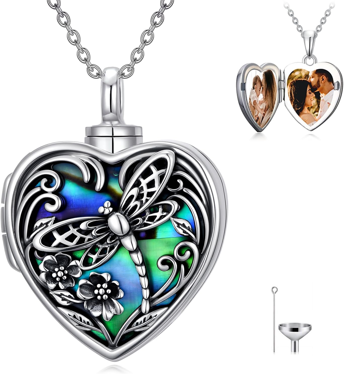 TOUPOP Heart Urn Locket Necklace for Ashes and Pictures 925 Sterling Silver Locket Cremation Jewelry with Abalone Shell Keepsake Memorial Gifts for Women（That Holds Pictures and Ashes）