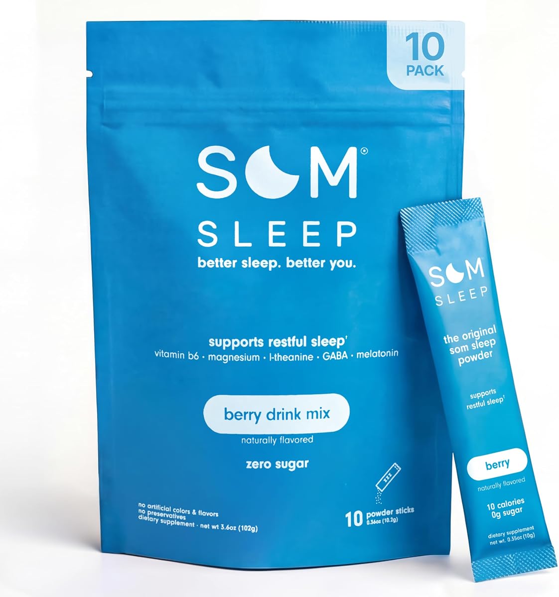 Som Sleep Powder ayuda para dormir para adultos, melatonina de magnesio, baya, paquete de 10 | Mezcla de bebida Calm Sleep Support, ayuda a conciliar el sueño, cero azúcar, vegana, vitamina B6, L-teanina, suplemento para dormir nocturno GABA