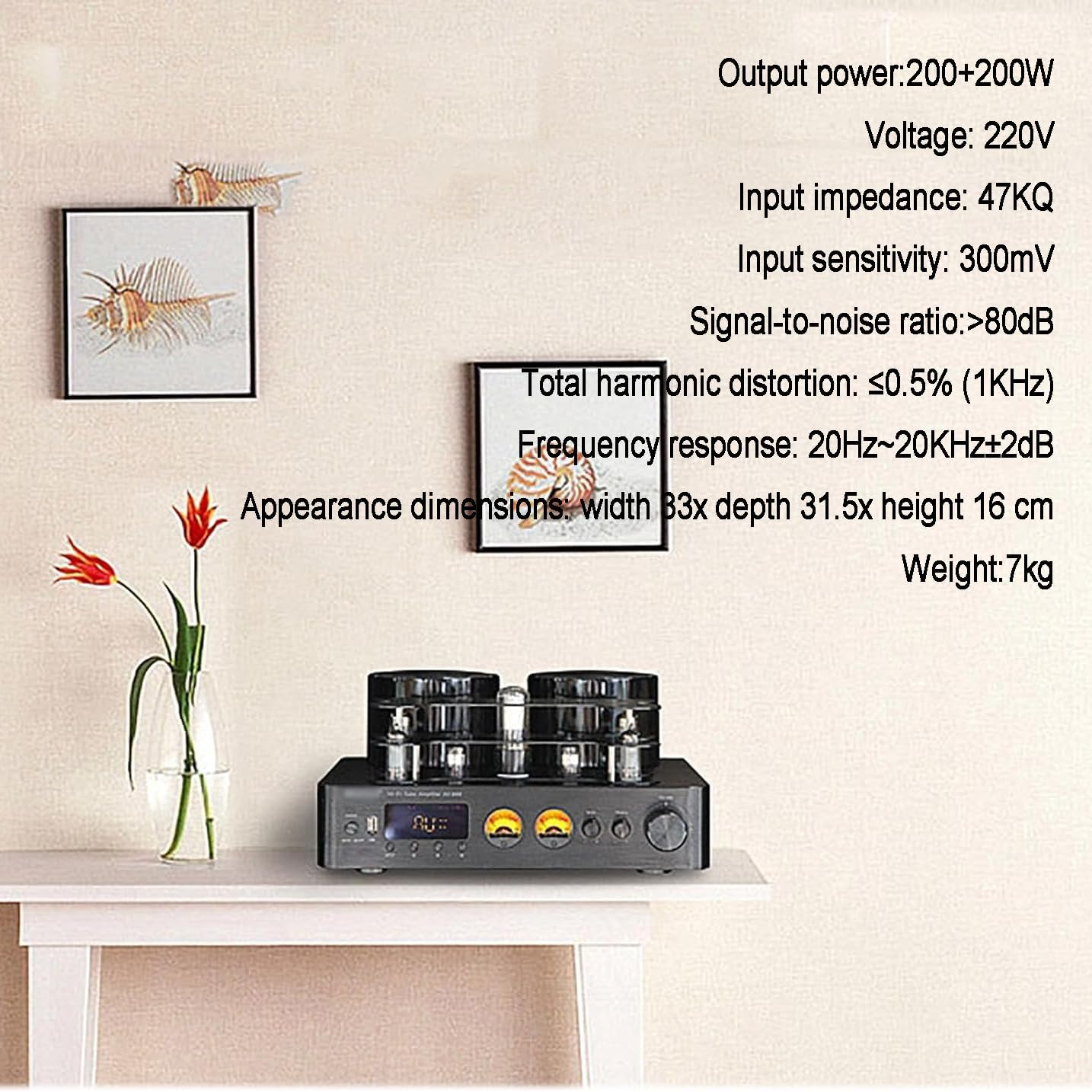 Wzmacniacz lampowy stereo Bluetooth 5.0 z bezstratnym dekodowaniem USB, lampowy wzmacniacz mocy próżniowej, wejście optyczne/koncentryczne, niezależna regulacja tonów wysokich i niskich tonów dla