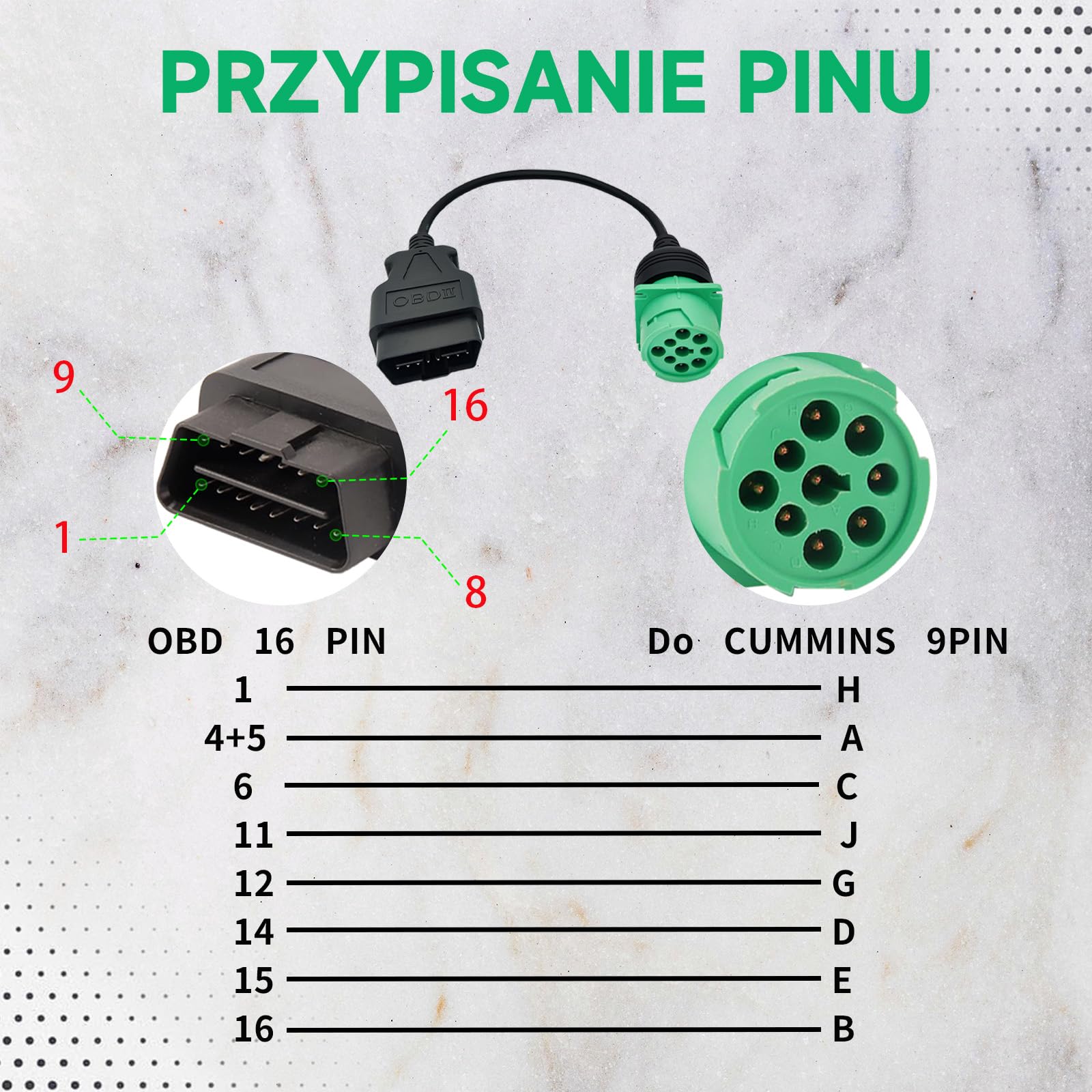 Przewód adapterowy OBD2 do J1939 Typ Zielony 2 (16-pinowe męskie na 9-pinowe żeńskie) do ciężarówek i pojazdów użytkowych z 9 pinowym do 16 pinowego złączem diagnostycznym OBD do ciężarówek
