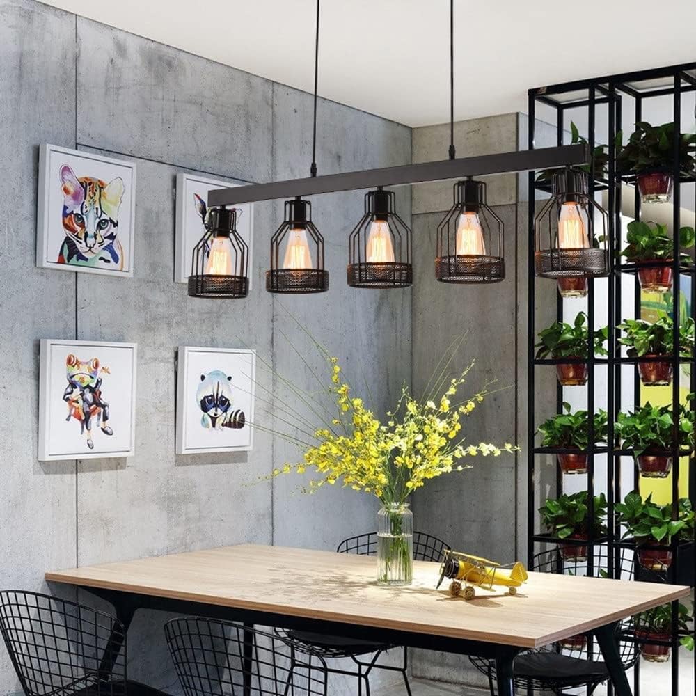 Farmhouse Industrial Linear Chaner, 5-Light Black Metal Cage Kitchen Island Light, Rustic Bar Hanging Fixture for Dining Room, Billiard Table, Adjustable Height, E26 Base