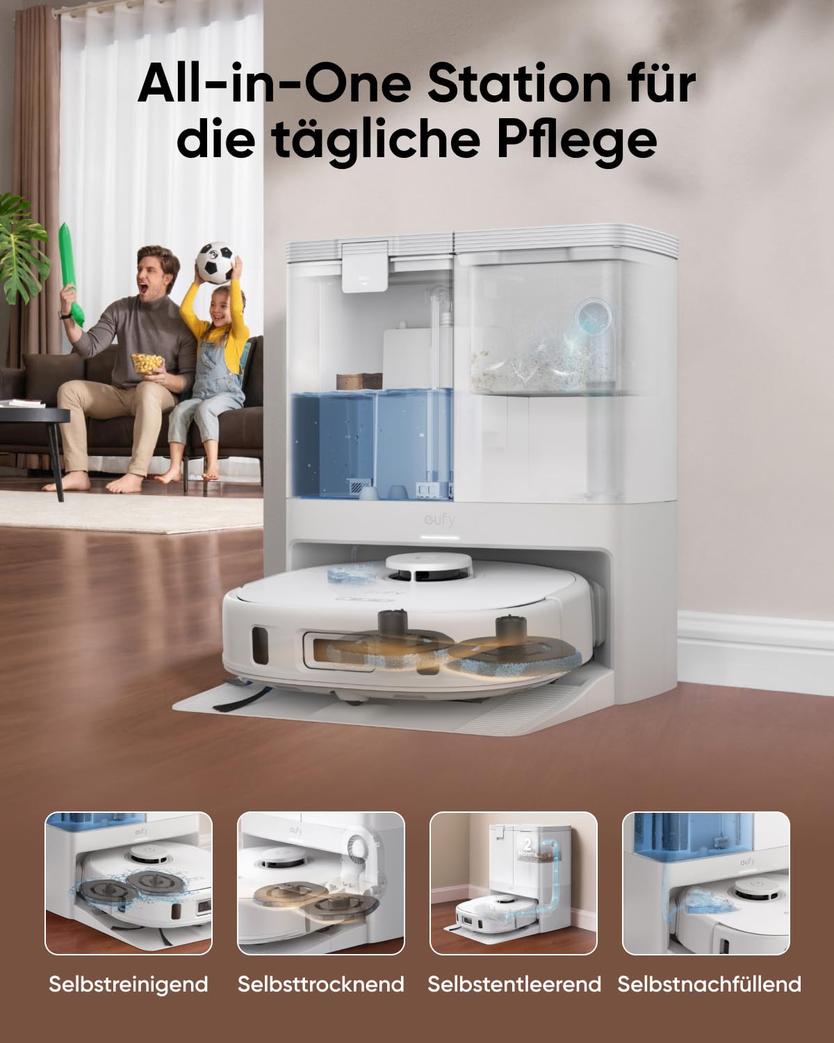 eufy X10 Pro Omni Saugroboter mit Wischfunktion & All-in-One-Station, 8.000Pa, Auto-Absaugen/Befüllen, 2× Auto-Lift-Mopp mit Waschen/Trocknen, Aktive Hindernisvermeidung (Generalüberholt)