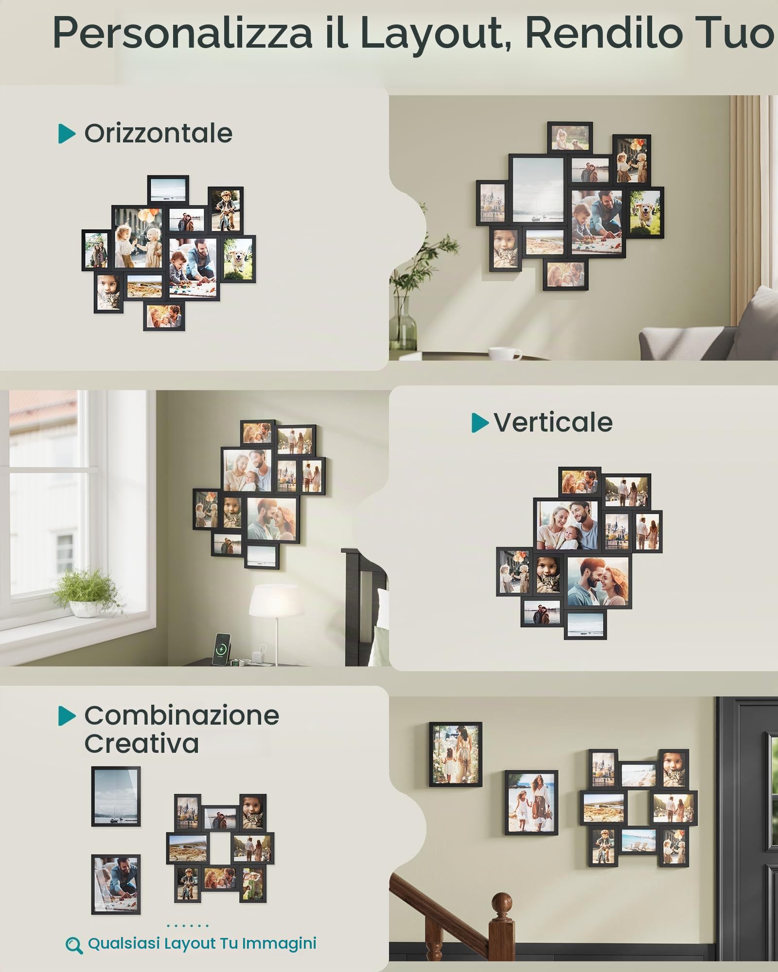 SONGMICS Set di 10 Cornici per Foto in PVC, Portafoto Multiplo da Parete Collage a Incastro, Due da 20 x 25 cm, Quattro da 13 x 18 cm, Quattro da 10 x 15 cm, Nero, Collezione Kavi RPF100BZ01