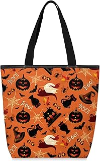 Sacolas de lona com zíper e bolso interno, bolsa de ombro feminina casual bolsa de mão gato preto Halloween, bolsas de compras reutilizáveis de cozinha, bolsas de lona para uso para livros, sacolas de compras, sacolas de presente, Multicor