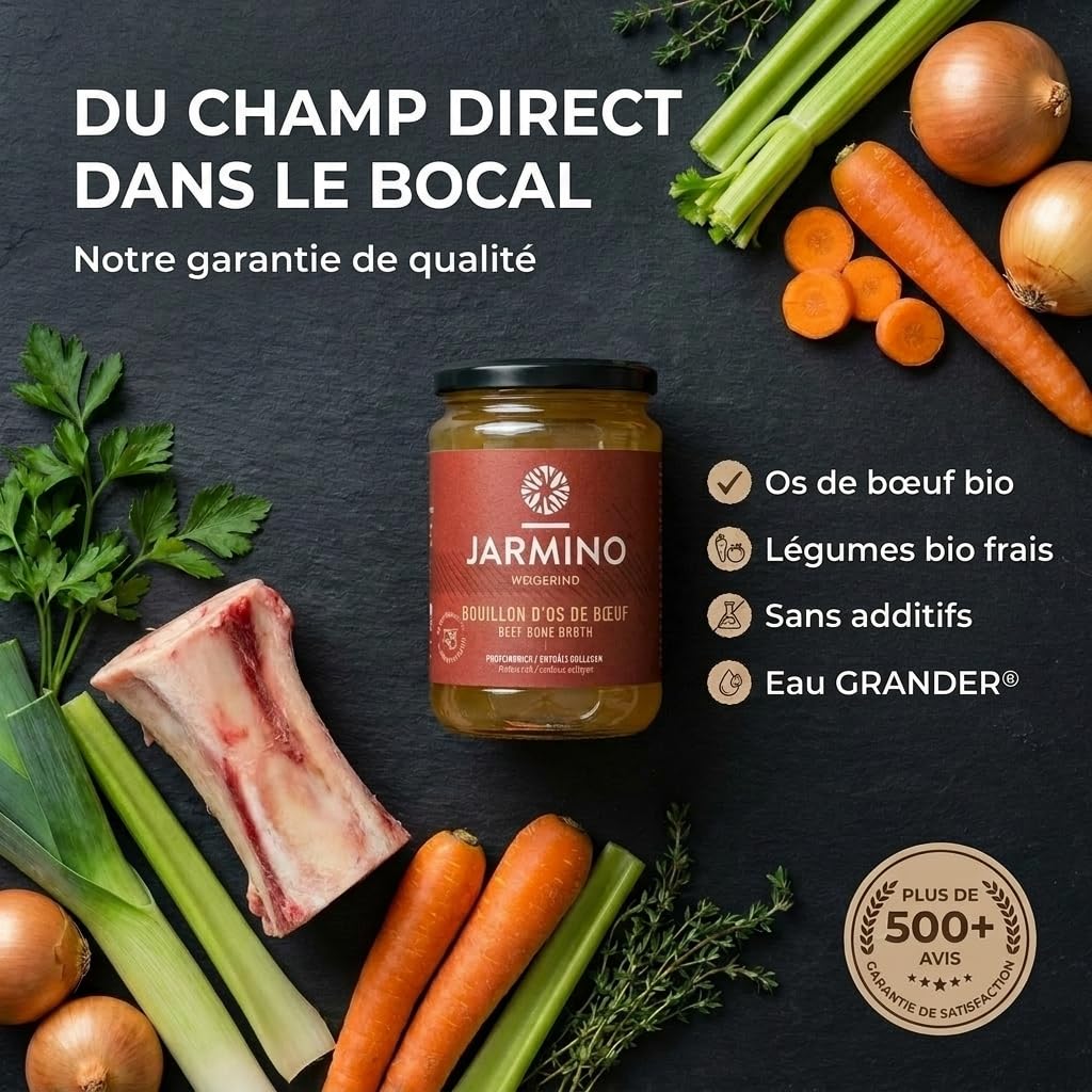 Bone broth soupe (6x 350ml) | bouillon d'os de boeuf | JARMINO | acide hyaluronique, collagène et protéine naturelle | bio