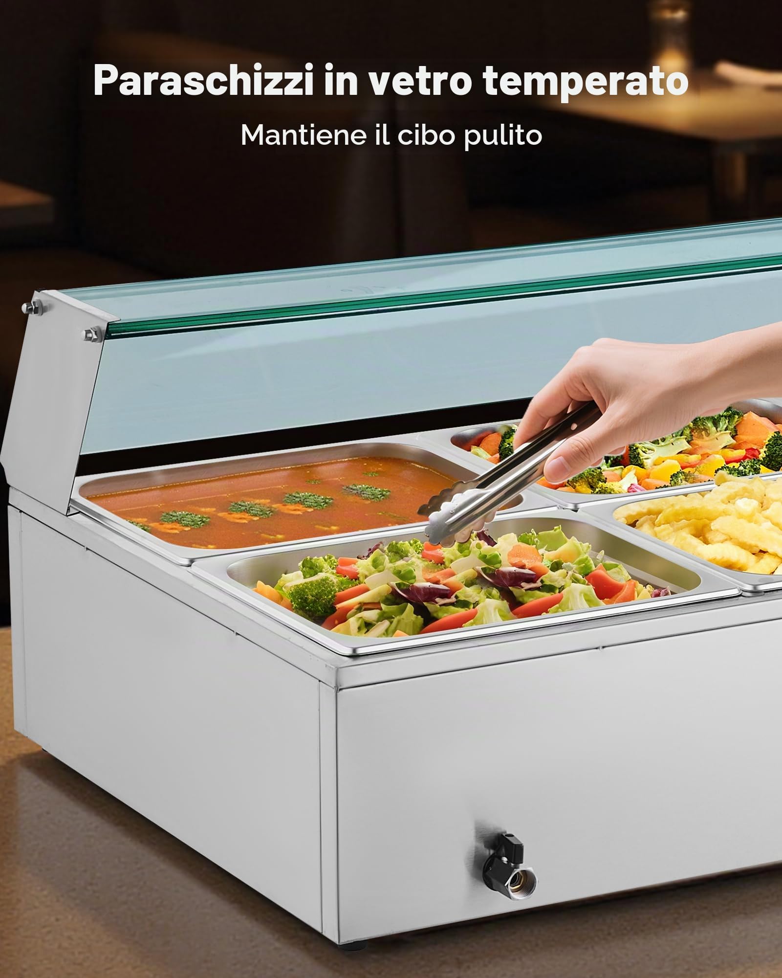 VEVOR Scaldavivande Commerciale, Scaldavivande Elettrico in Acciaio Inox da 1700 W con Coperchio in Vetro, Bagnomaria da Banco a 8 Teglie, con Mestoli per Zuppa e Forati, per Ristoranti