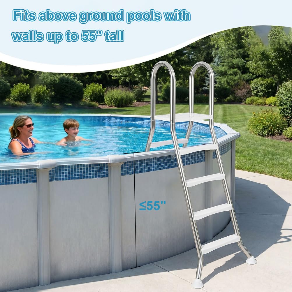 Scala per Piscina Fuori Terra 142 cm 4 gradini, Struttura in Acciaio Inossidabile 304, Scala per Ingresso e Uscita dalla Piscina, gradini in Metallo Antiscivolo a Forma di A, argentati