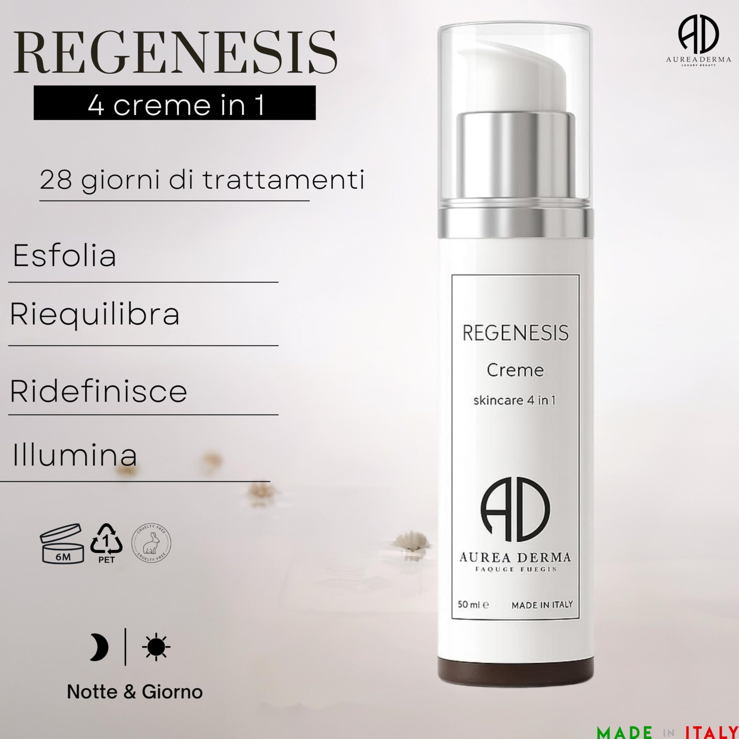 Crema viso antirughe 4 fasi in 1 con Collagene Vegetale, Alghe, AHA Naturali e Oxygen Complex – Trattamento Lifting e Illuminante – REGENESIS By AUREA DERMA – 50 ml