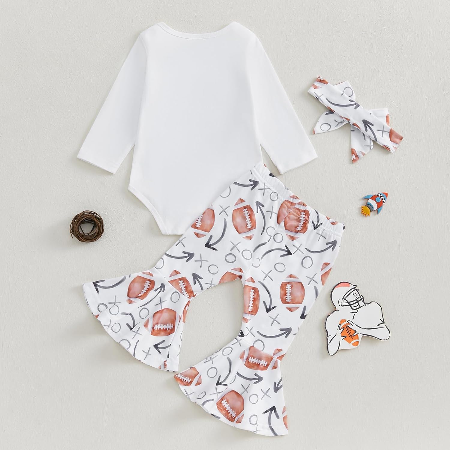 Newborn Baby Girl Football Outfits Daddy’s Football Buddy Long Sleeve Romper Flare Pants Headband Set Fall Clothes - Image 3