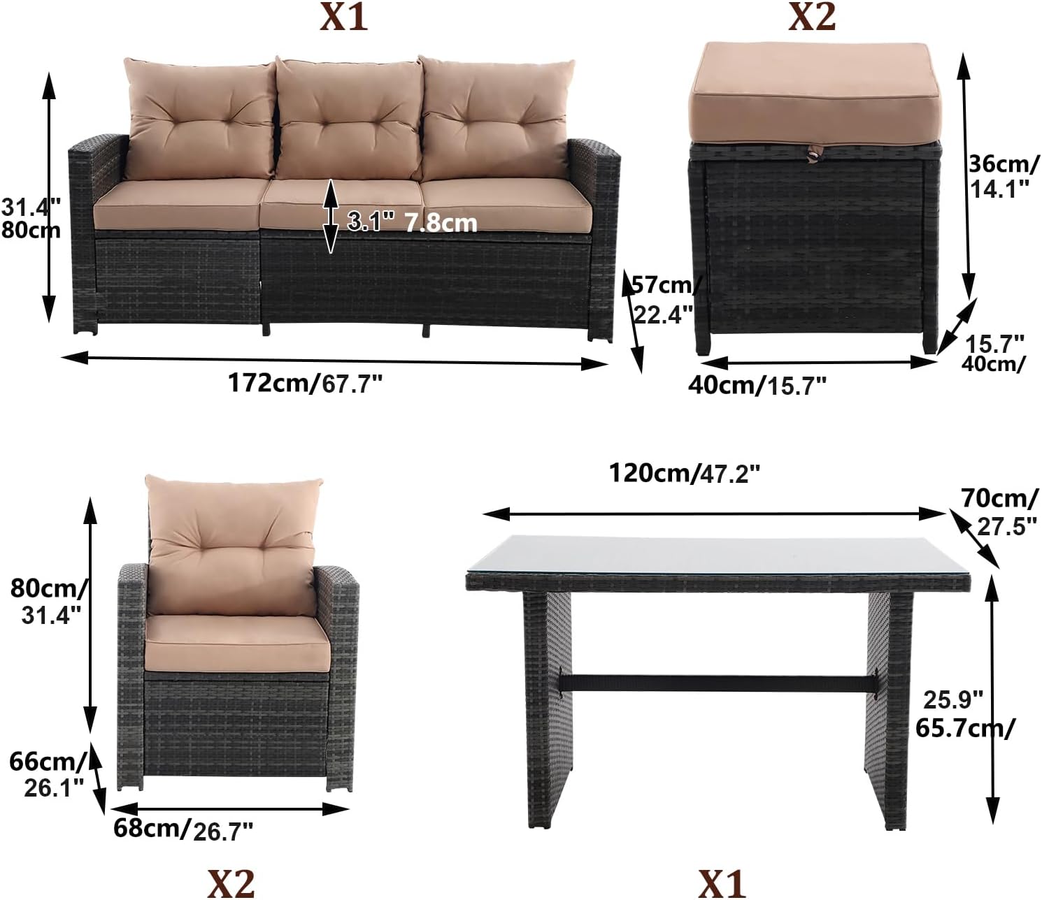 6 Pieces Patio Furniture Set - All-Weather Outdoor Wicker Sectional Conversation Sofa, Rattan Patio Seating Sofa Set with 4'' Cushion and Glass Table for Porch Poolside, Brown