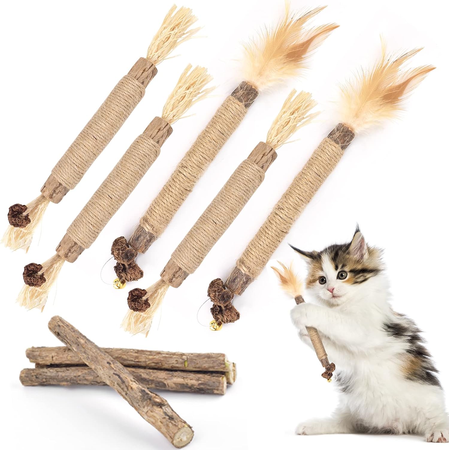 Bissap 10PCS Silvervine Chew Sticks for Cats, Catnip Chew Sticks Cat Toys for Indoor Cat Kitten Teeth Grinding Interactive Feather Toys…