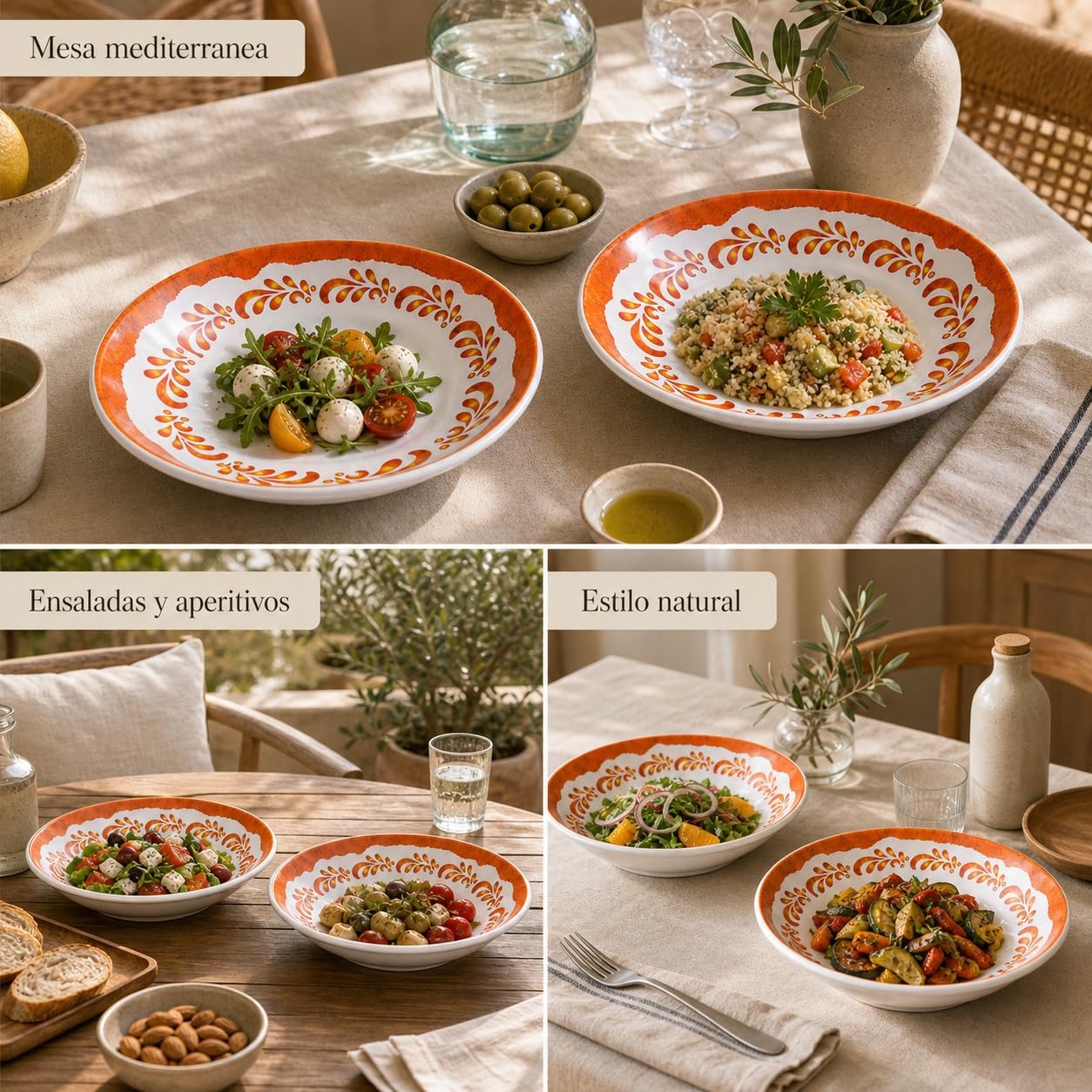 Bowl ensaladera de melamina pack de 2, cuencos ligeros 25 x 25 x 5 cm para ensaladas, aperitivos y mesa diaria