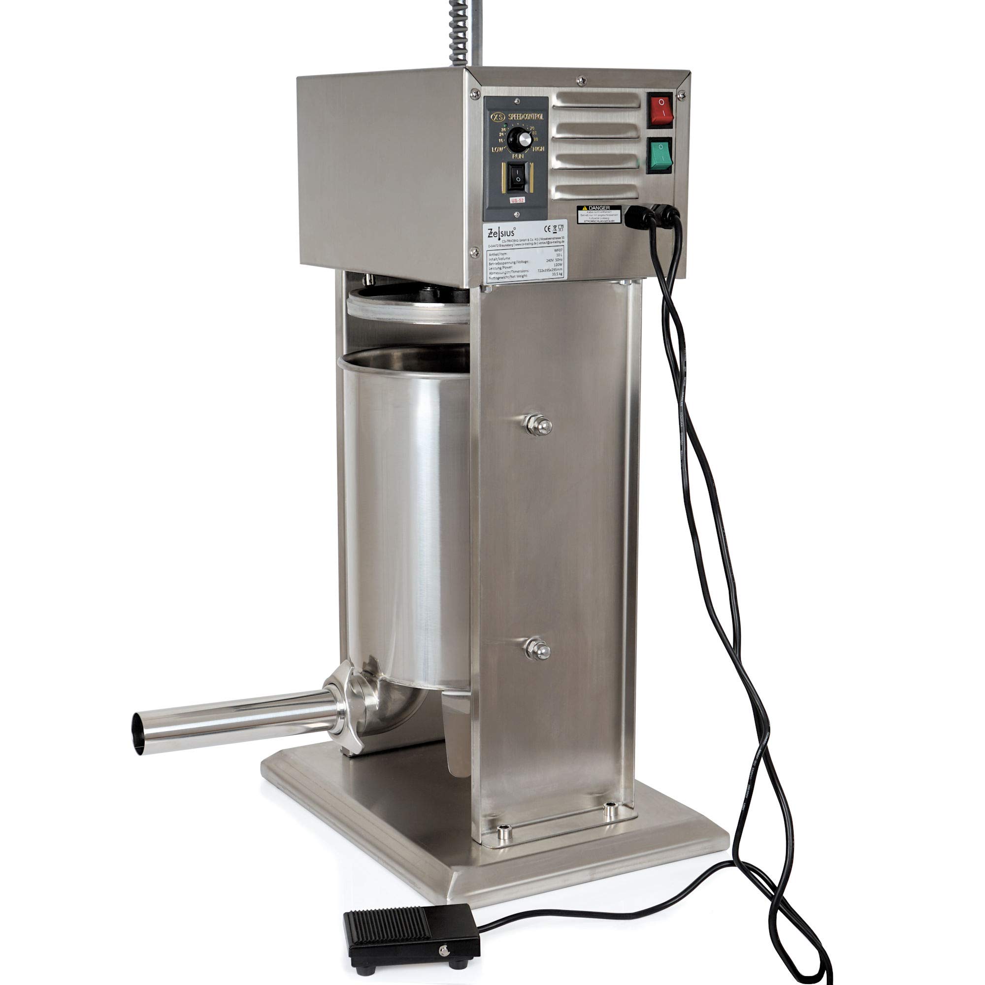 Zelsius elektrischer Wurstfüller | 10L Wurstfüllmaschine elektrisch Edelstahl Wurstpresse mit Fußpedal | Inkl. 4 x Fülltülle 3 x Ersatzdichtung