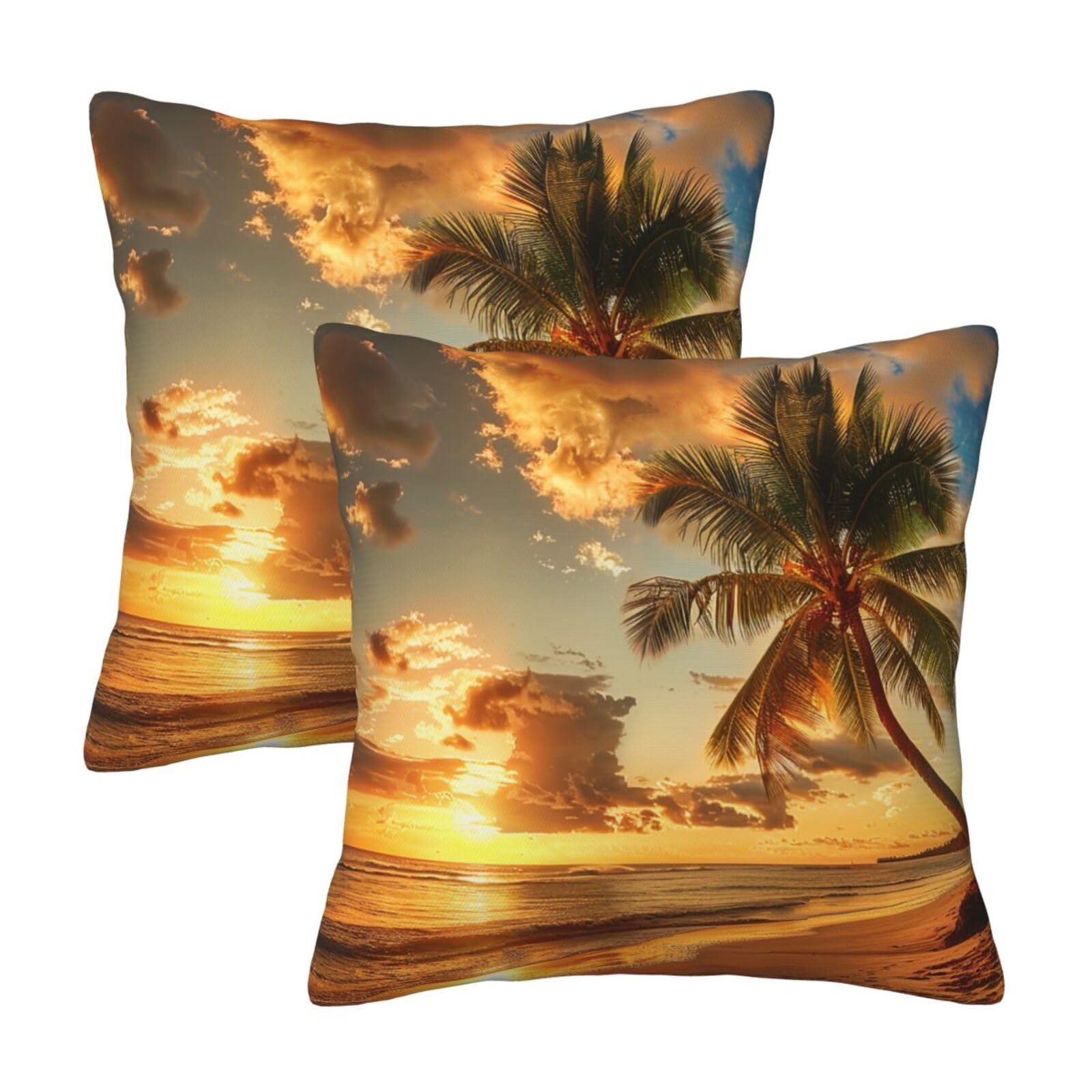 kkvhhyuo Sunset Hawaiian Palm Tree Print Pillow Covers Set of 2, Square Decorative Cushion Covers with Hidden Zipper, Throw Pillow Cases for Living Room Sofa Bed Chair, 45x45 cm