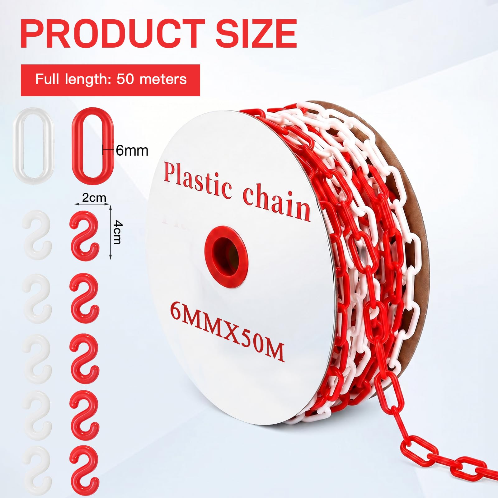Chaîne de sécurité en plastique rouge et blanc, 50 m, chaîne d'avertissement de 6 mm | Chaîne en plastique avec crochet en S rouge et blanc pour chantier, parking et entretien des commandes