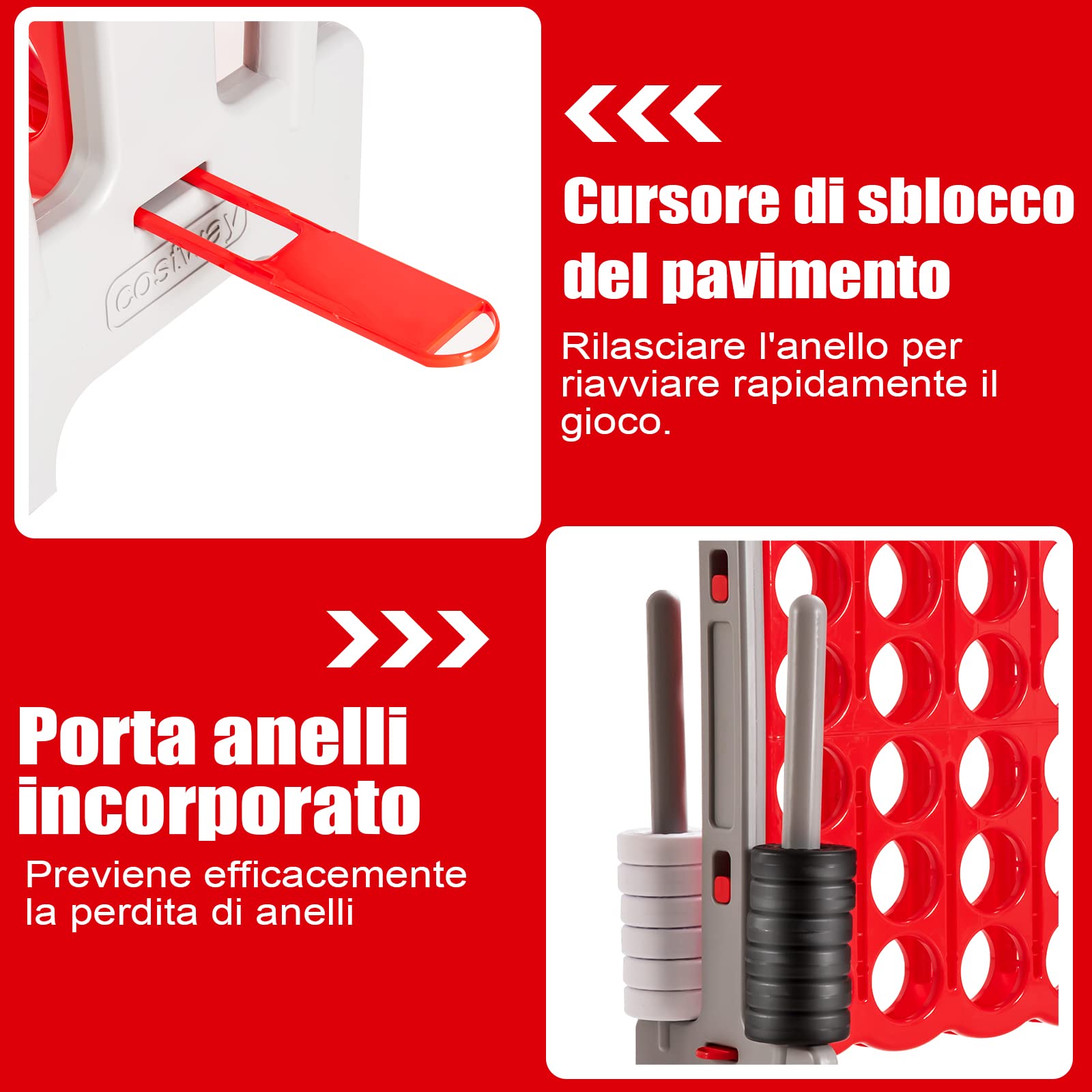 GYMAX Gioco a Terra di 4 in Linea, Grande Gioco della Strategia di Forza 4 con 42 Scacchi, per Bambini, Adulti, Gioco di Società per Riunioni di Famiglia, 120 x 42 x 104 cm (Rosso+Grigio)