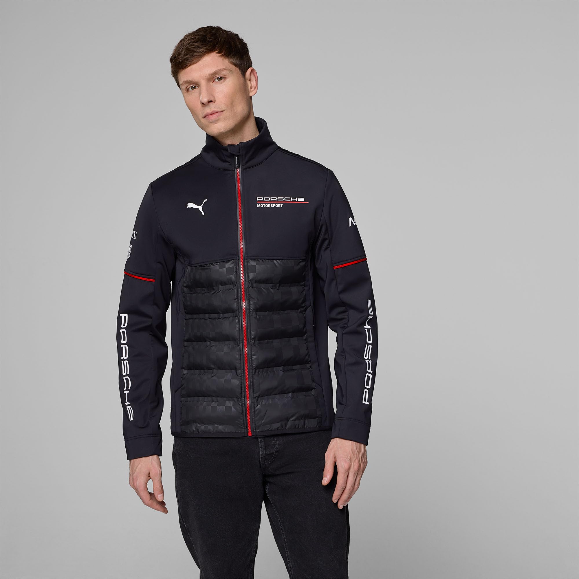 PUMA Porsche Motorsport męska kurtka hybrydowa Team z tkaną cholewką i wyściełaną dolną częścią dla najwyższego komfortu - czarna