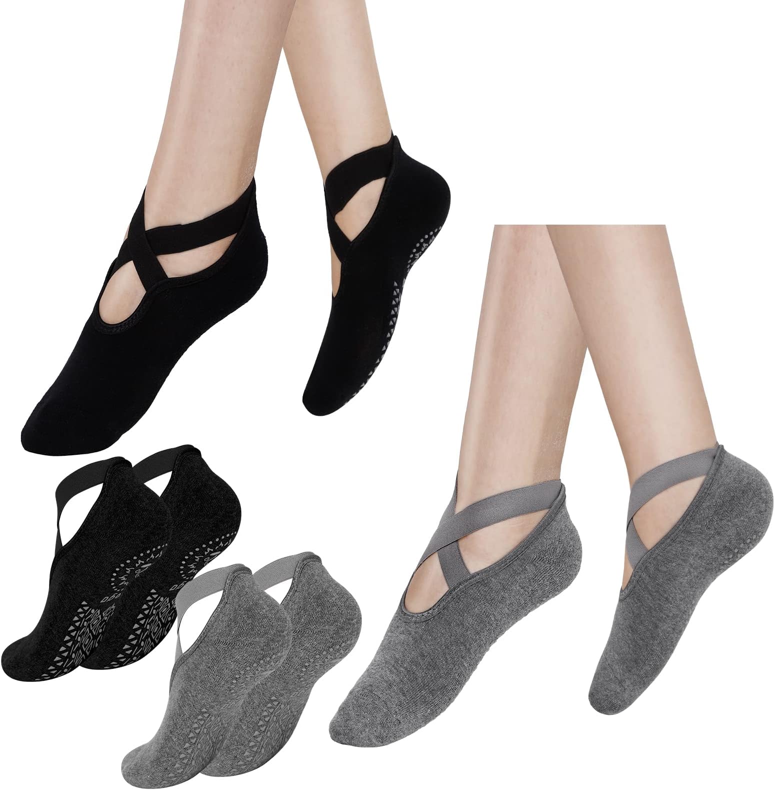 2 Pairs Non-Slip Yoga Socks for Women with Grips, Anti-Slip Pilates with Straps, Breathable Grip for Barre Ballet Dance Workout, Black/Grey