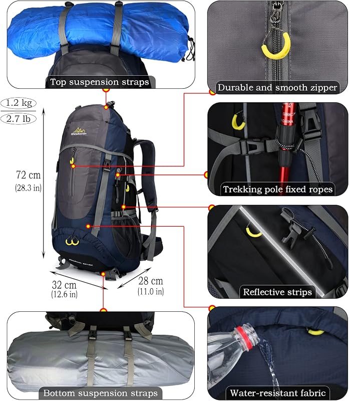 Rucsac de trekking Doshwin 70L pentru bărbați și femei, capacitate mare pentru camping și călătorii, albastru închis