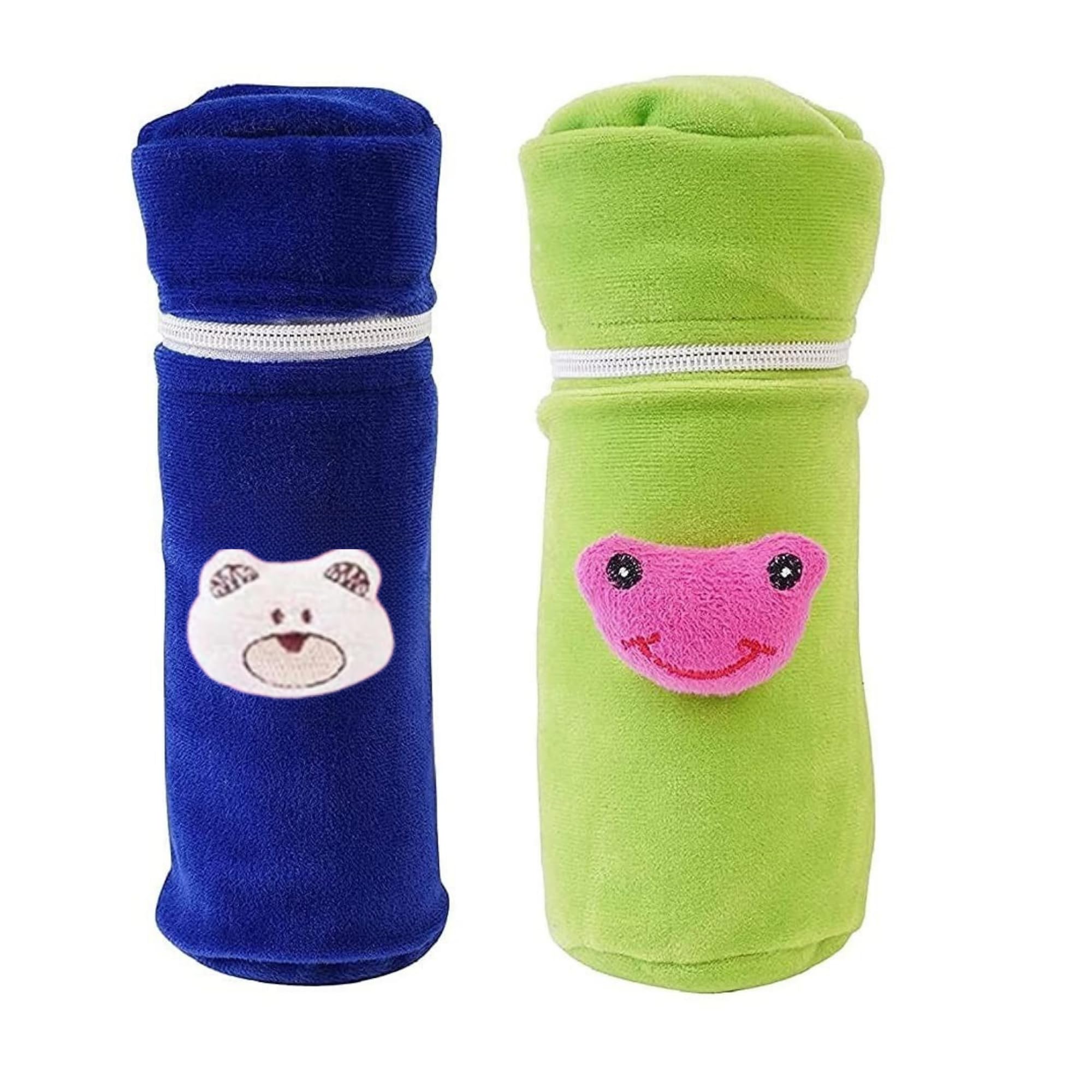 Sarvatapana BabyBottle Cover for Feeders Soft Plush Stretchable BabyFeeding Bottle Cover (120-250 ml) Set of 2 Zipper Closer BabyMilk Feeding Bottle Cover Cute Animated Color Green & Royal Blue-picture-20