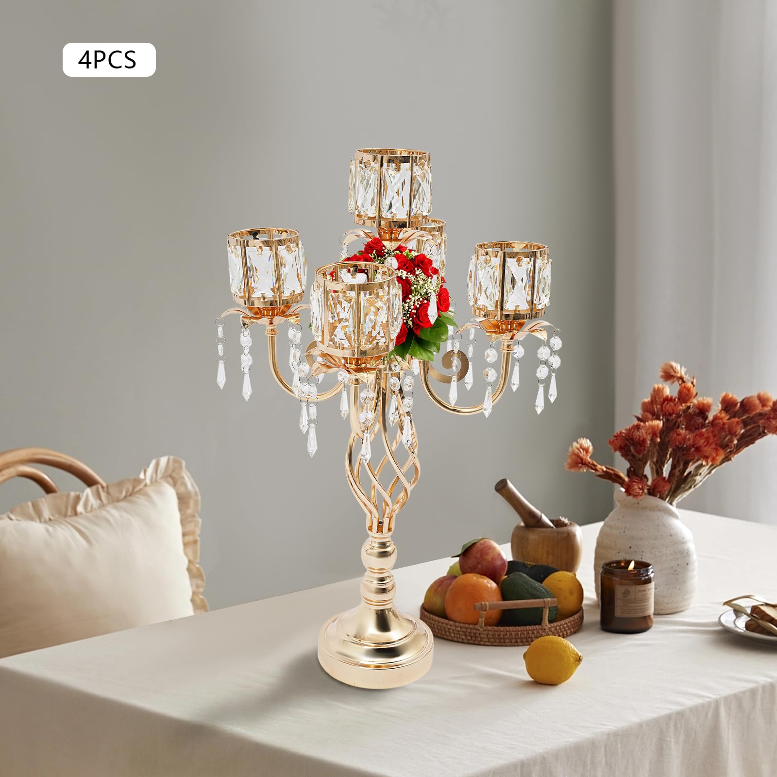 Candelabro de 5 brazos cristal dorado decoración de mesa para boda Navidad salón comedor chimenea velas electrónicas juego de 4