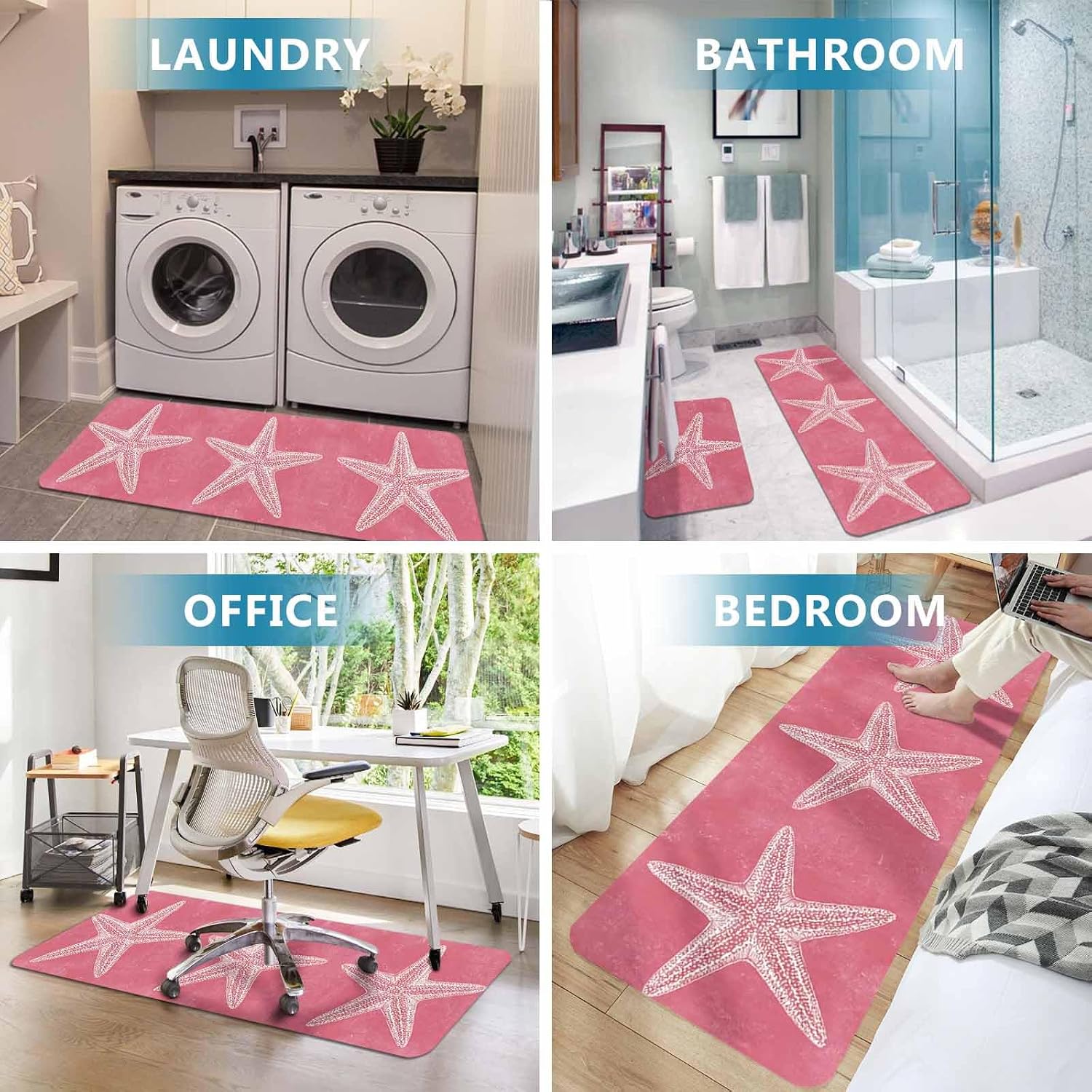 Prime Leader White Starfish Kitchen Mat Set 2 Pieces Summer Ocean Vintage Natural Boho Pink Non Slip Kitchen Rugs Washable Runner Rug Mats for Sink Laundry (23.6" x 35.4"+23.6" x 70.9")