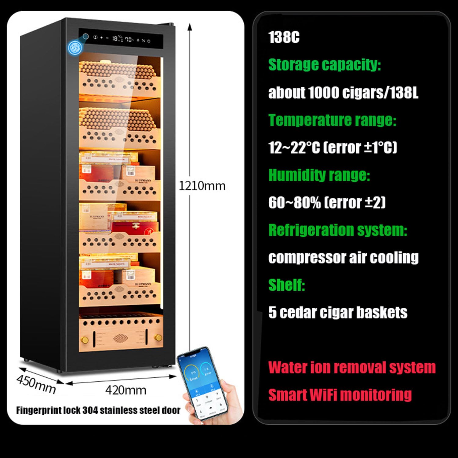 Elektrischer Zigarrenhumidor, Zigarrenschrank, intelligenter Zigarrenschrank mit konstanter Temperatur und Luftfeuchtigkeit, thermostatischer Kühlhumidorschrank, Zigarrenkühler-Humidor 138C