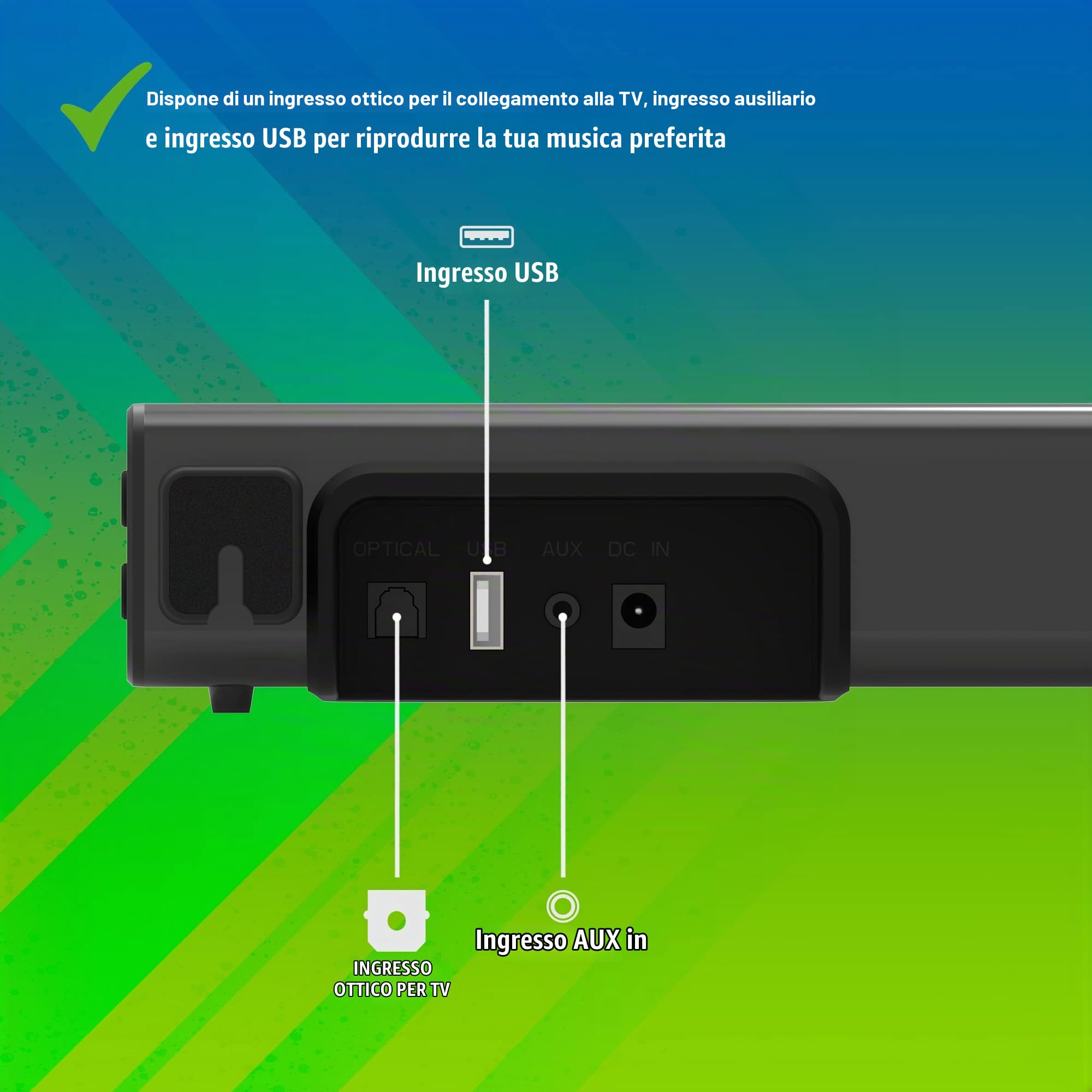 NGS SUBWAY - Sounbar Compatible con la Tecnologia Bluetooth. 40W, Ingresso: Optical, USB, AUX IN, Telecomando.