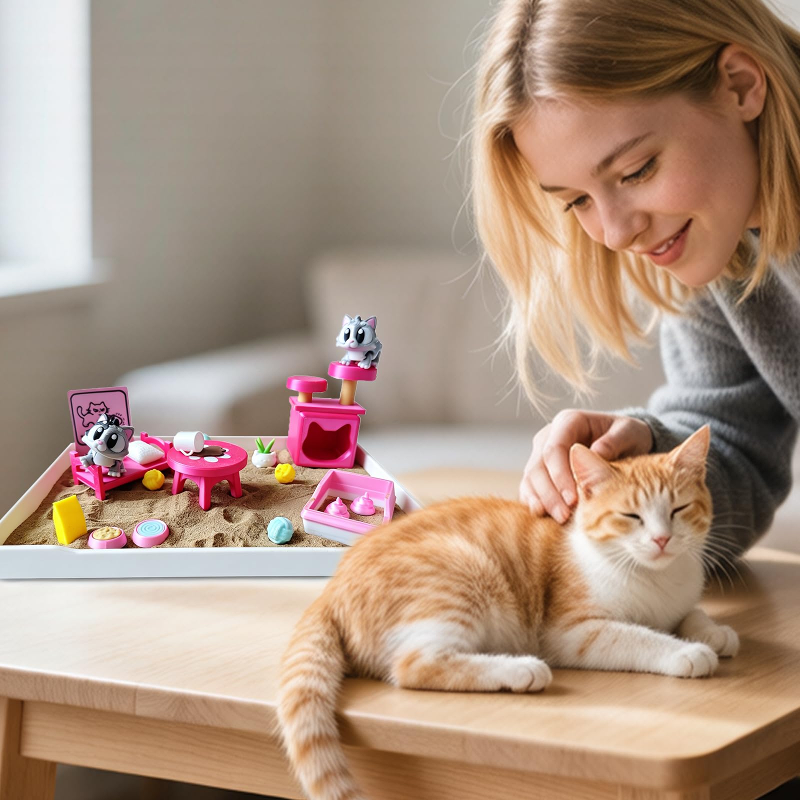 Regalos de gato para mujeres, mini jardín zen para escritorio, divertido kit de terapia de bandeja de arena de escritorio, accesorios de escritorio, suministros de oficina, regalos únicos para