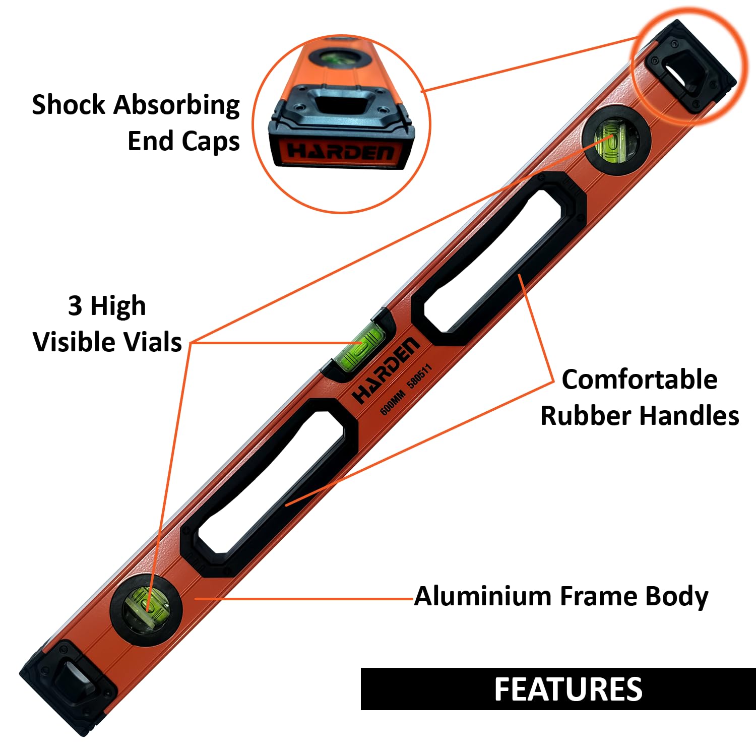 Harden 600mm Aluminum Level With Rubber Handle, with Rotating Vial - Professional Series - 580511 3