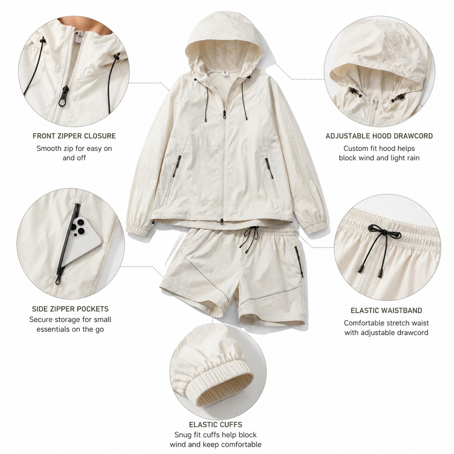 Conjunto de 2 piezas para mujer: chaqueta con capucha y pantalón. | Chaqueta ligera con protección solar UPF y cierre de cremallera completa, ideal para senderismo, caminatas