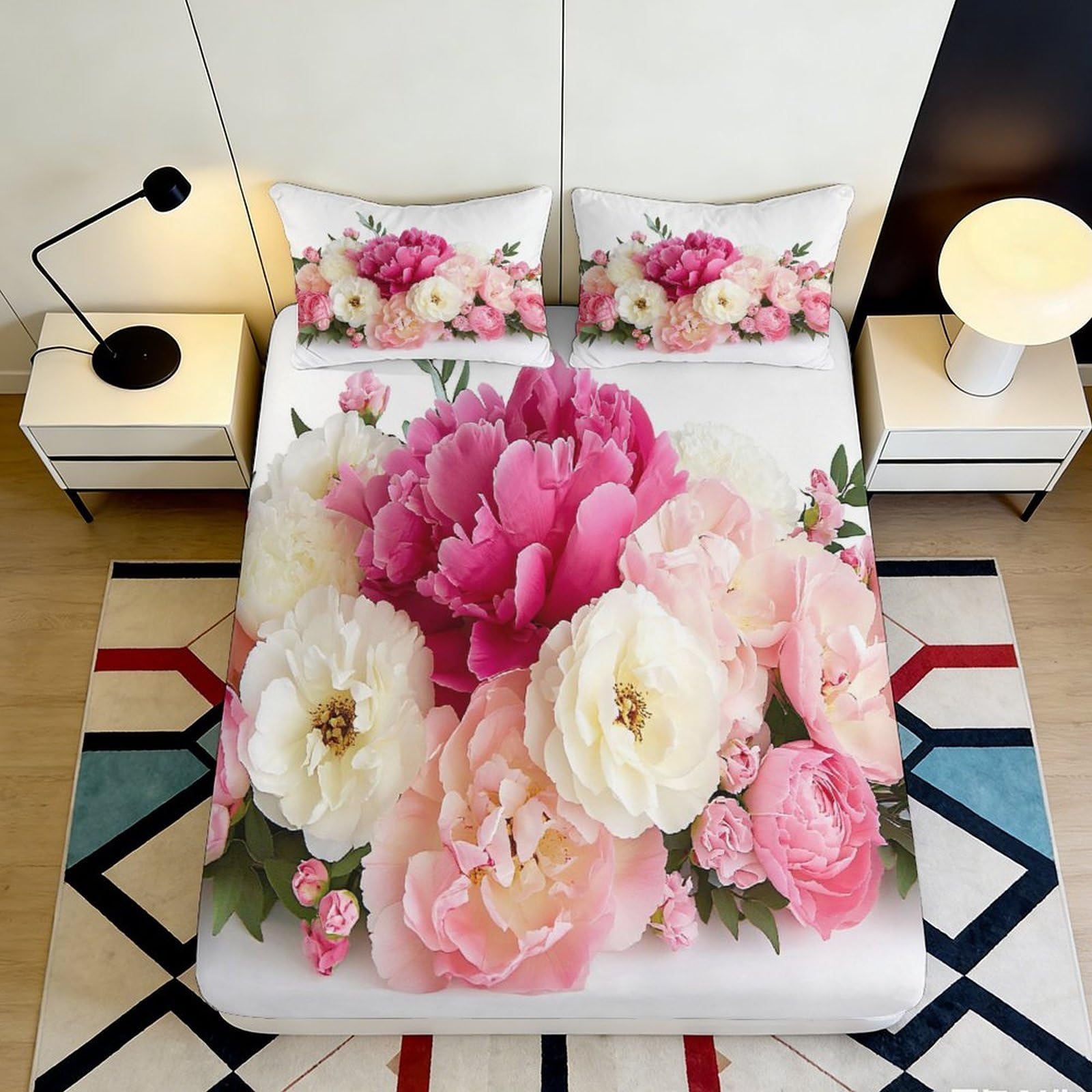 Pnayamiorkfel Style-5 3D Printed Peony Blossom Fitted Sheet Microfiber Floral Pastel Bed Cover For Bedroom Guest Room Mattress Decor 90X200x25cm