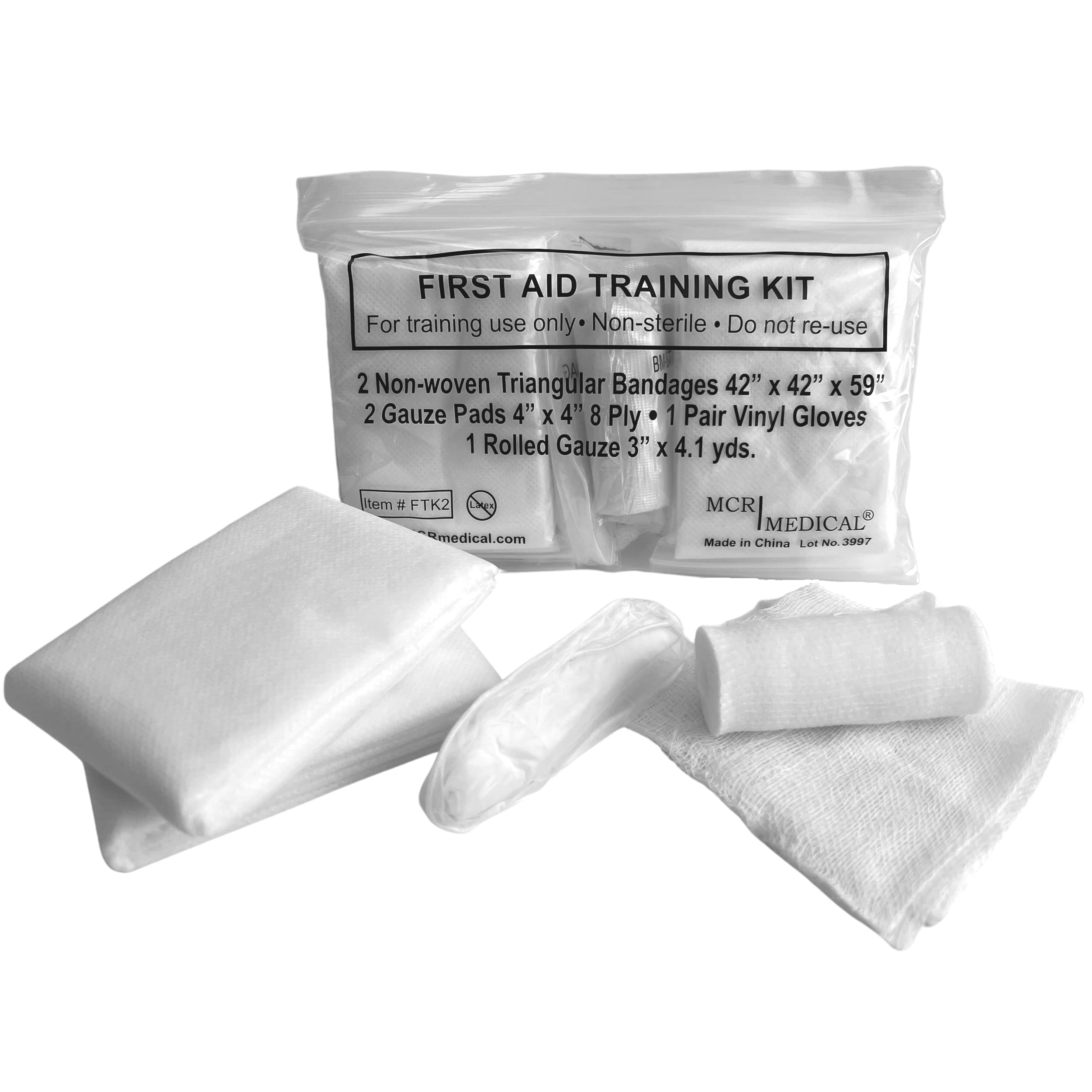 First Aid Training Kit w/Roller Gauze, Gauze Pads, Triangular Bandages, and Gloves,500-Pack, MCR Medical