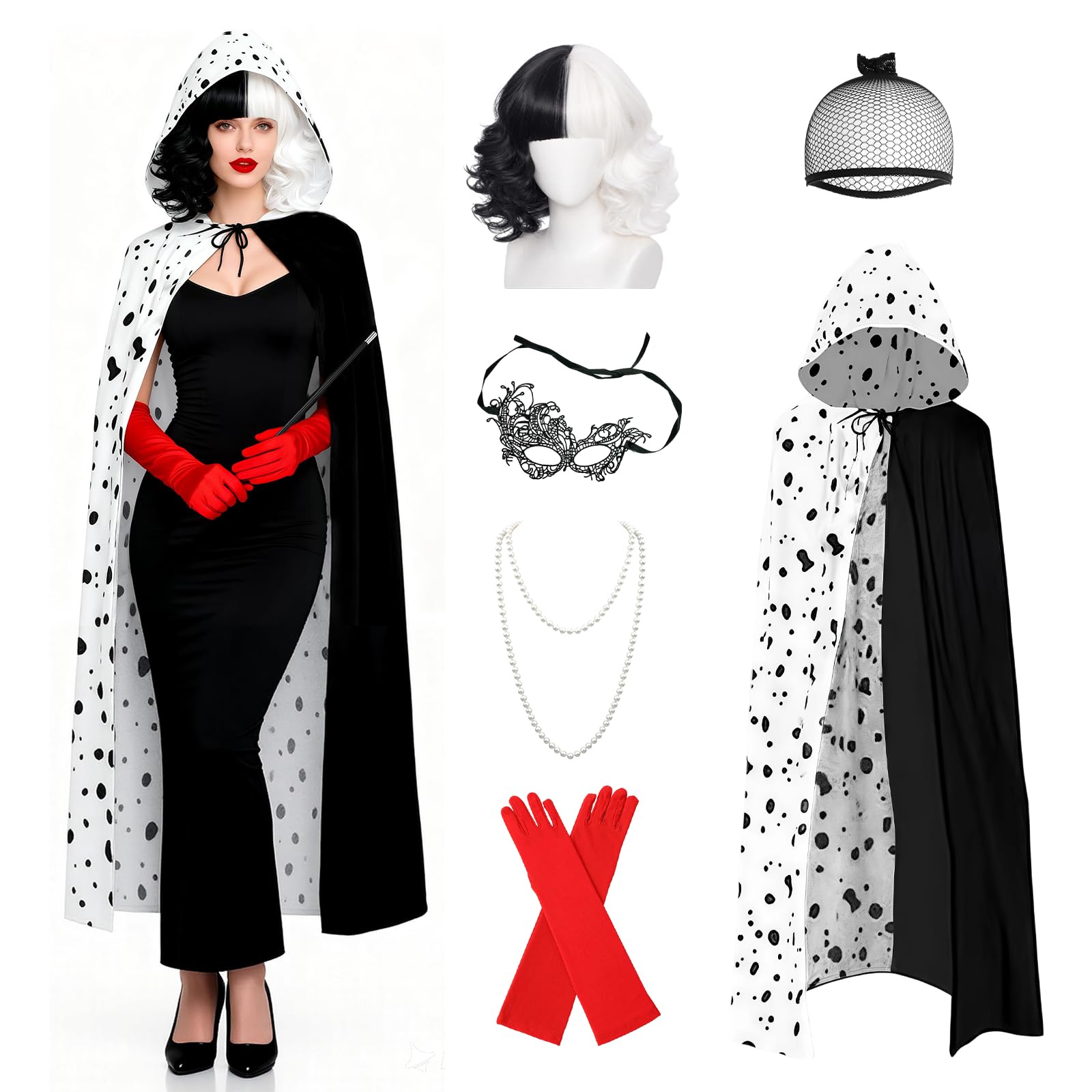 Carreuty 7 Pcs Cruella Costume Accessories Set, Carnival Costume for Women with Cape Black White Wig Red Gloves Necklace Eye Mask Hair Net Handheld Props for Adults World Book Day Cosplay Fancy Dress