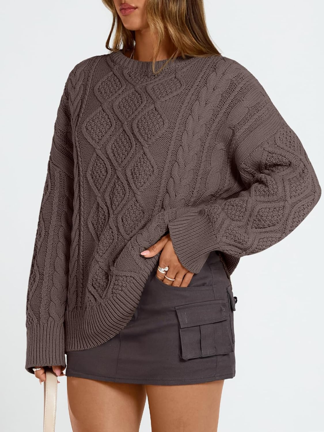 Trendy Queen Women's Oversized Cable Knit Crewneck Sweaters Cozy Winter Clothes - Image 3