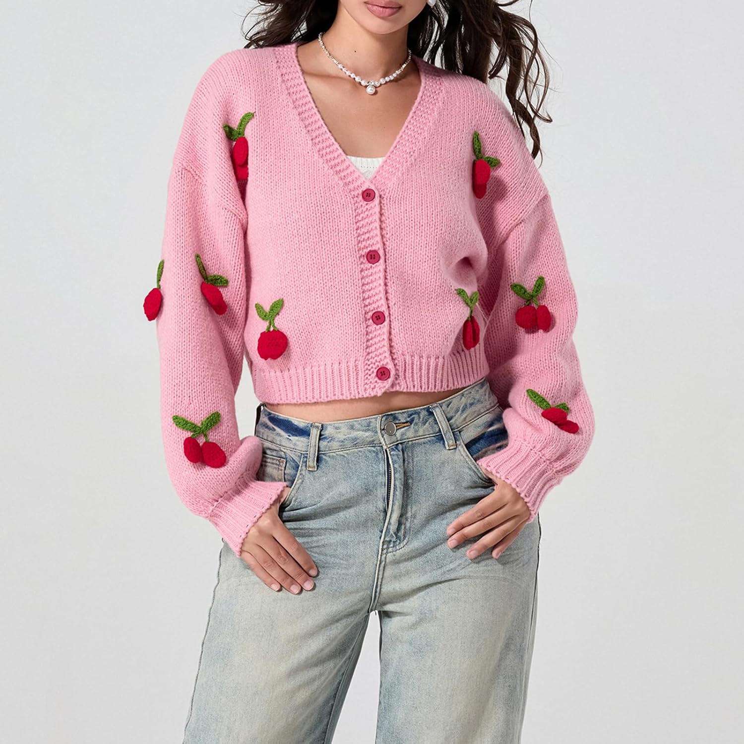 Knit Cardigan Cute Outfits With Pink Cardigan KMBANGI Women Button