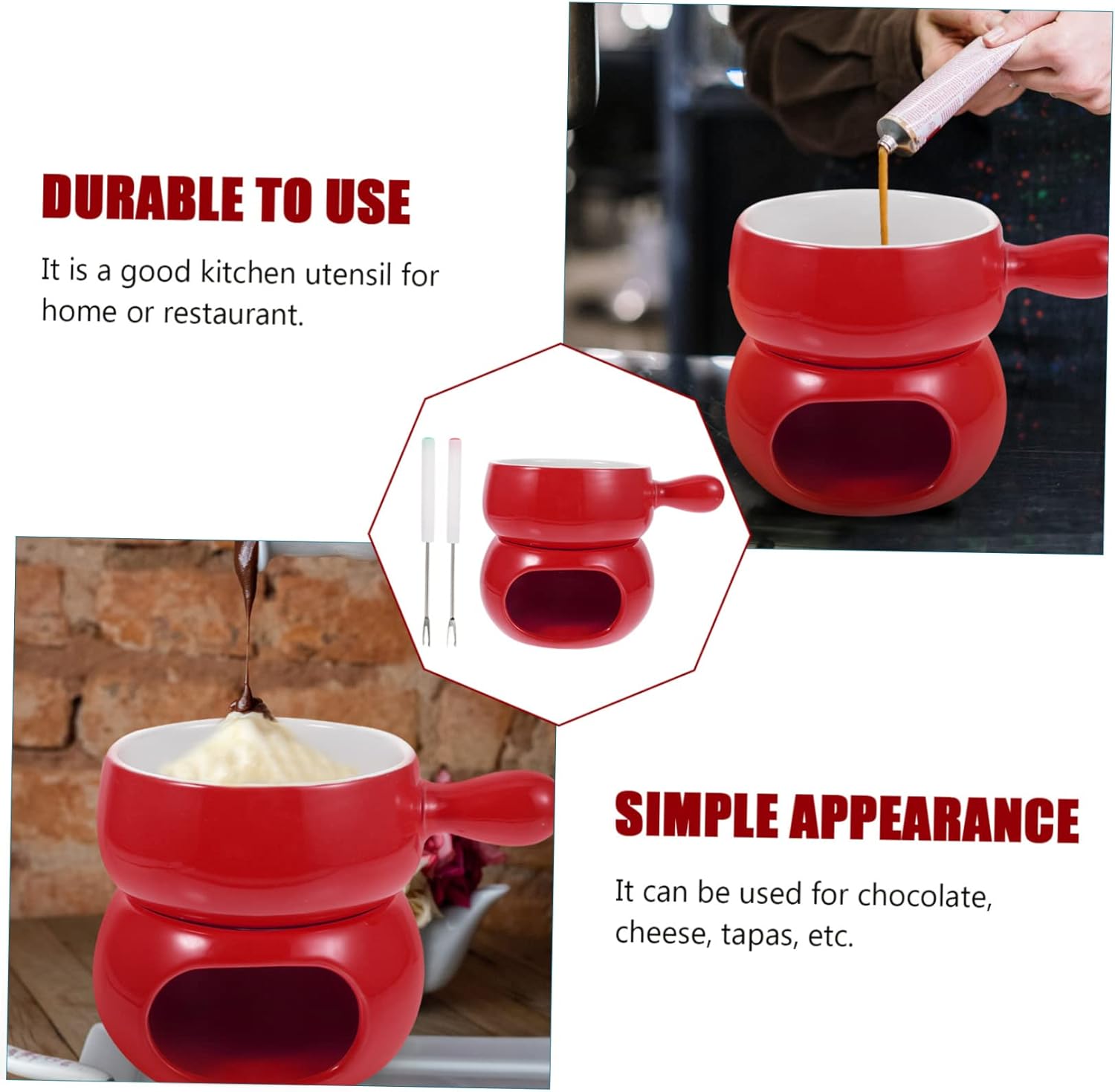 1Set Ceramic Ice Chocolate Melting Pot Versatile Cheese Butter Fondue Pot with Handle for Home Bakeries and Restaurants Includes Forks